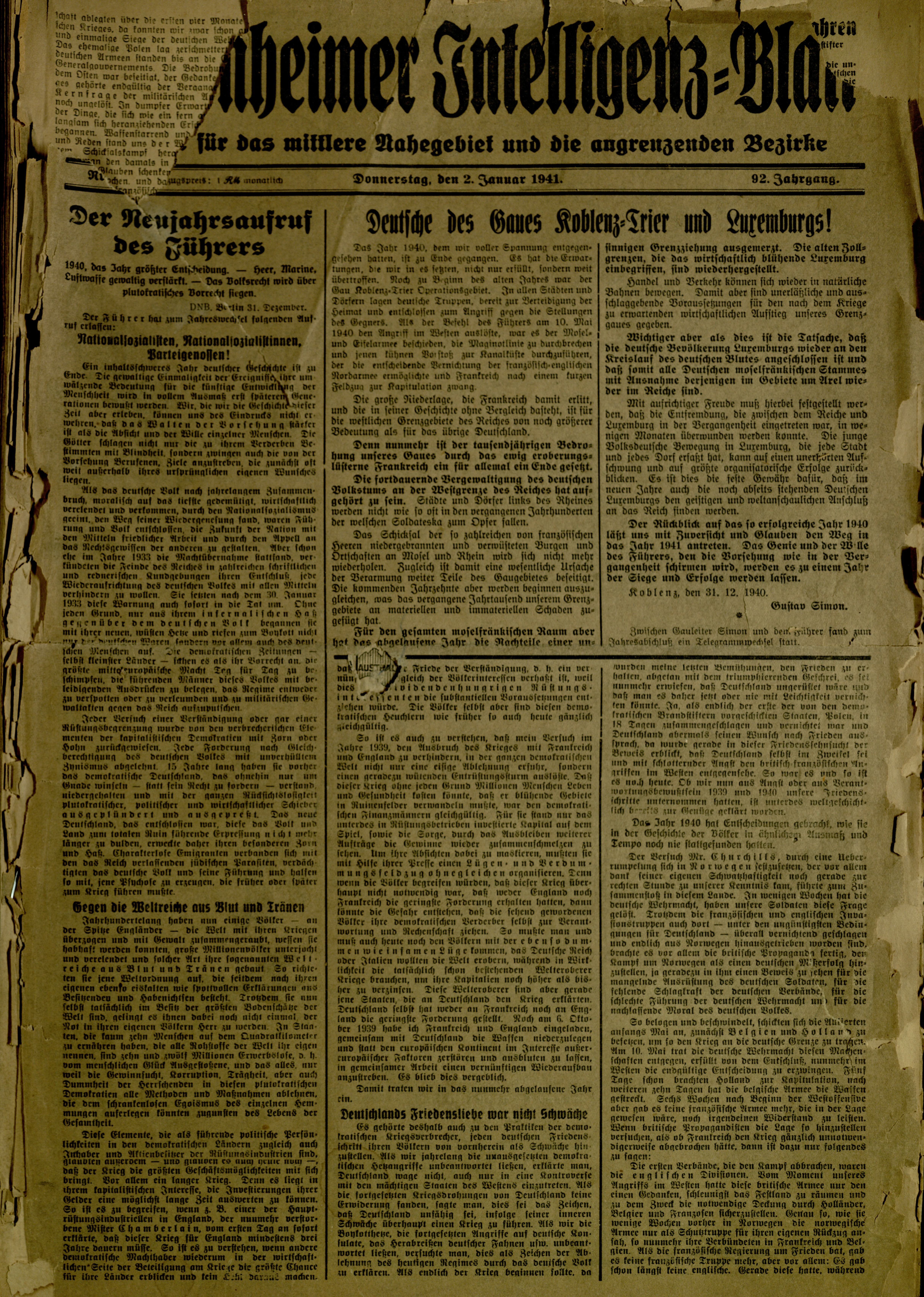 Zeitung: Sobernheimer Intelligenzblatt Januar 1941, Jg. 101 (Heimatmuseum Bad Sobernheim CC BY-NC-SA)