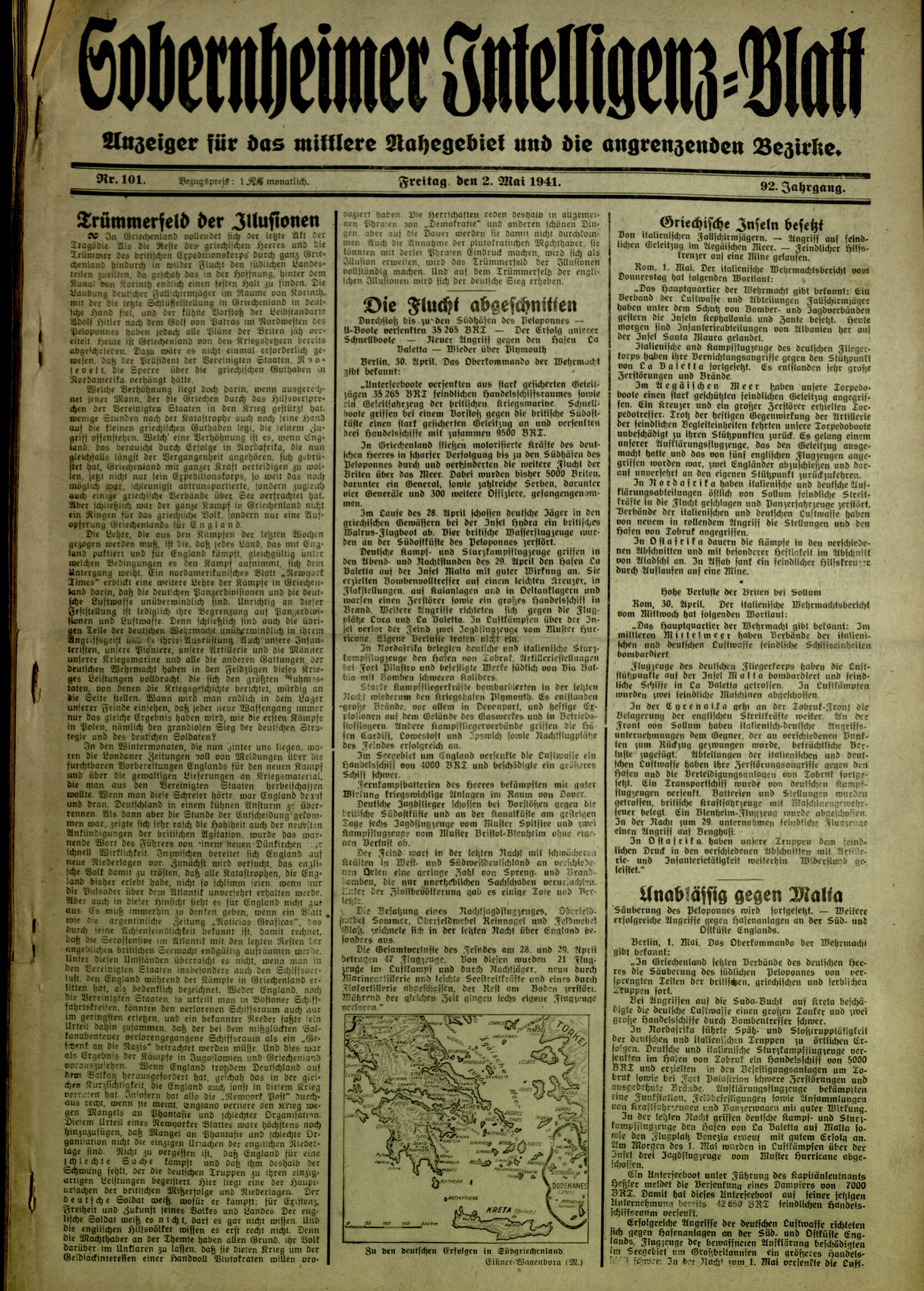 Zeitung: Sobernheimer Intelligenzblatt Januar 1941, Jg. 101, Nr. 101 (Heimatmuseum Bad Sobernheim CC BY-NC-SA)