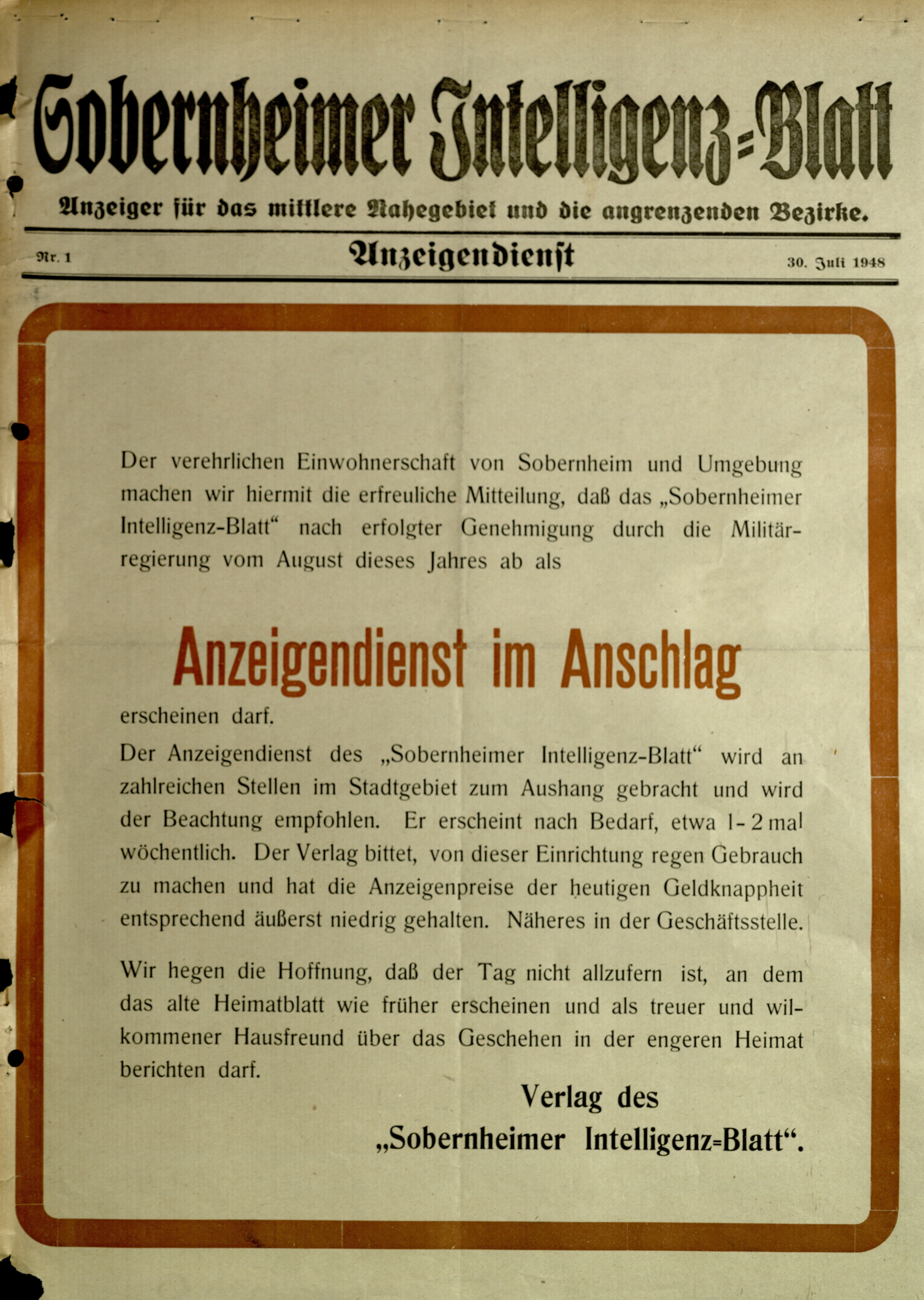Zeitung: Sobernheimer Intelligenzblatt; Juli 1948, Jg. 82 Nr. 1 (Heimatmuseum Bad Sobernheim CC BY-NC-SA)