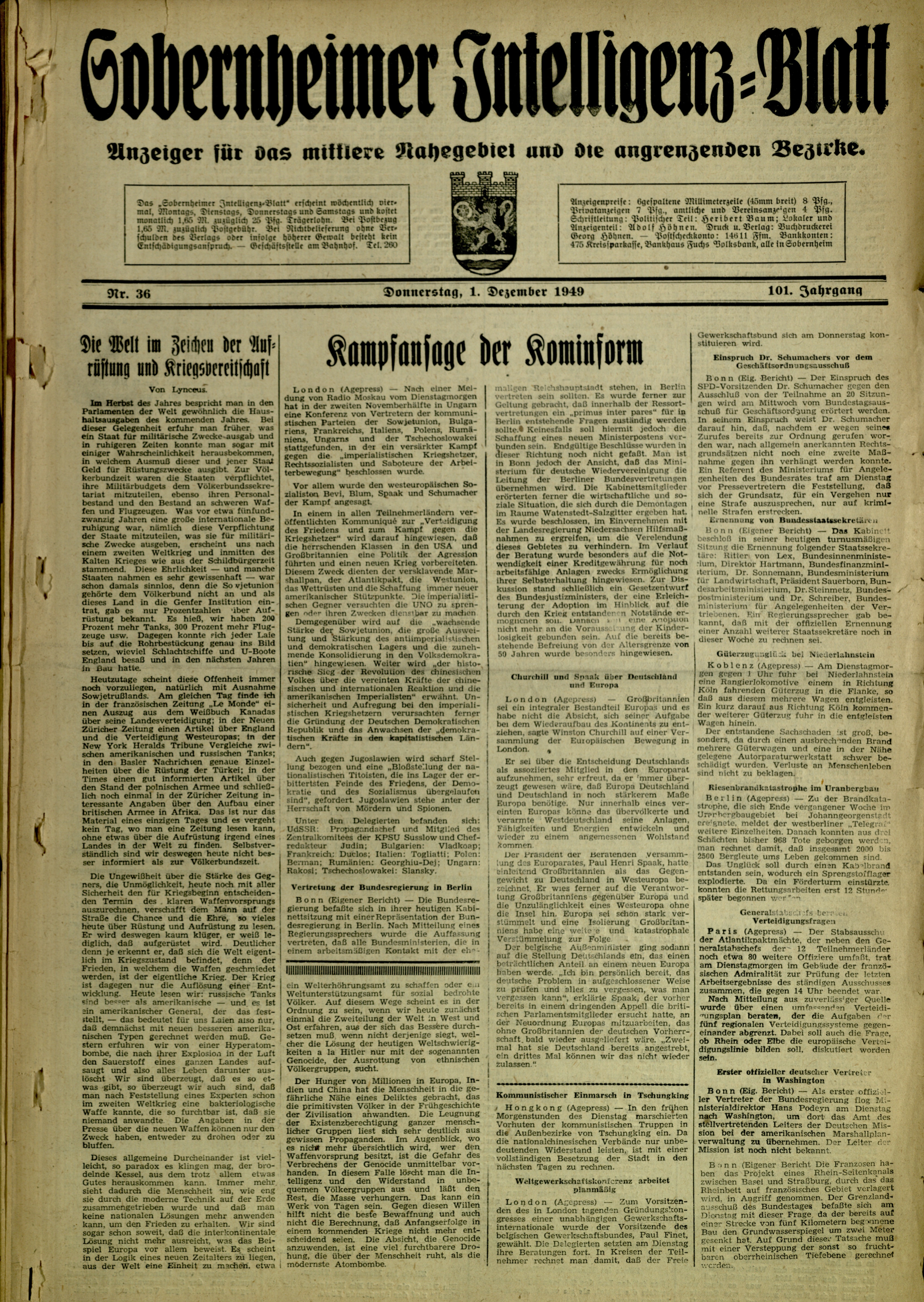 Zeitung: Sobernheimer Intelligenzblatt; Dezember 1949, Jg. 101 Nr. 36 (Heimatmuseum Bad Sobernheim CC BY-NC-SA)