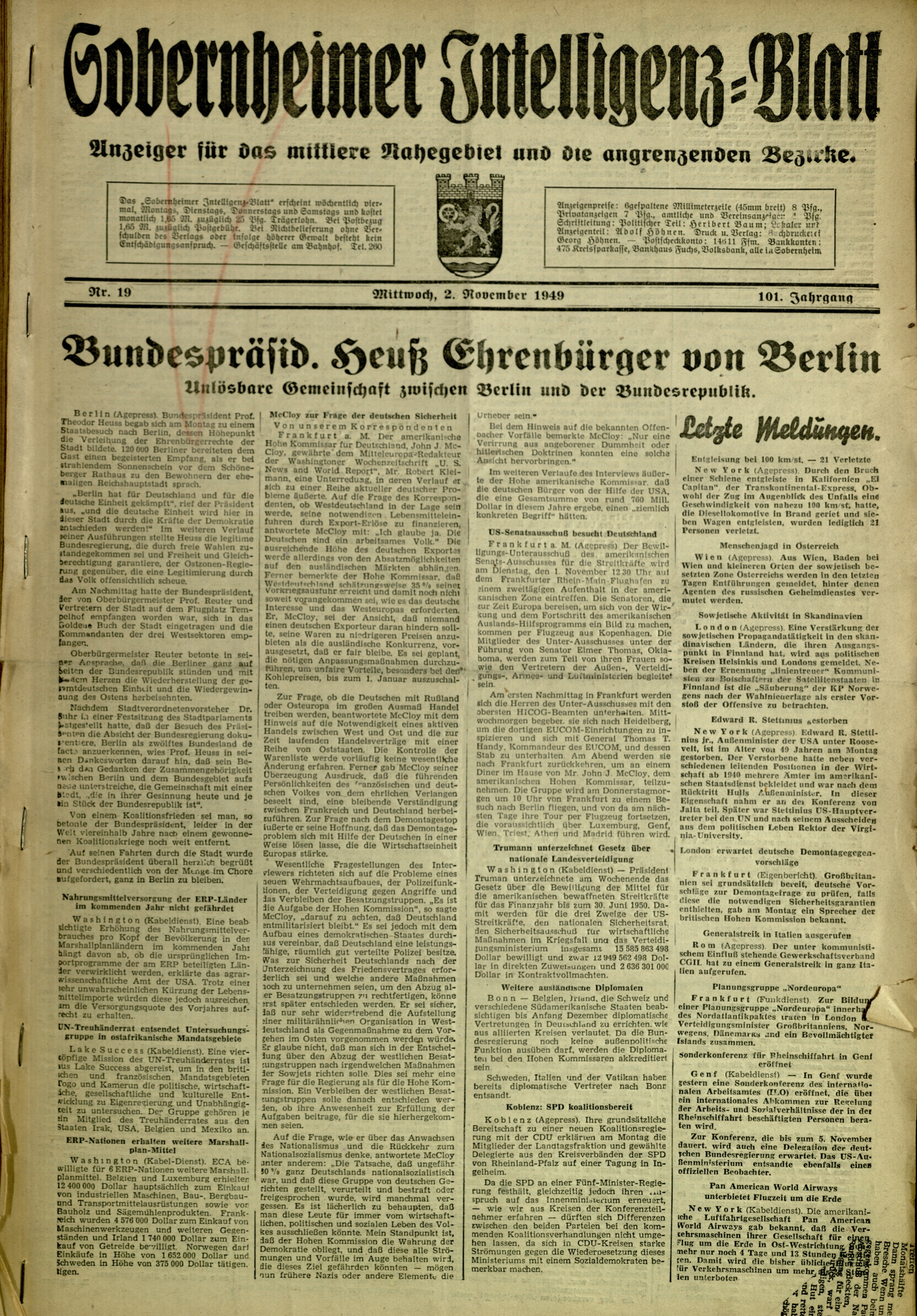Zeitung: Sobernheimer Intelligenzblatt; November 1949, Jg. 101 Nr. 19 (Heimatmuseum Bad Sobernheim CC BY-NC-SA)