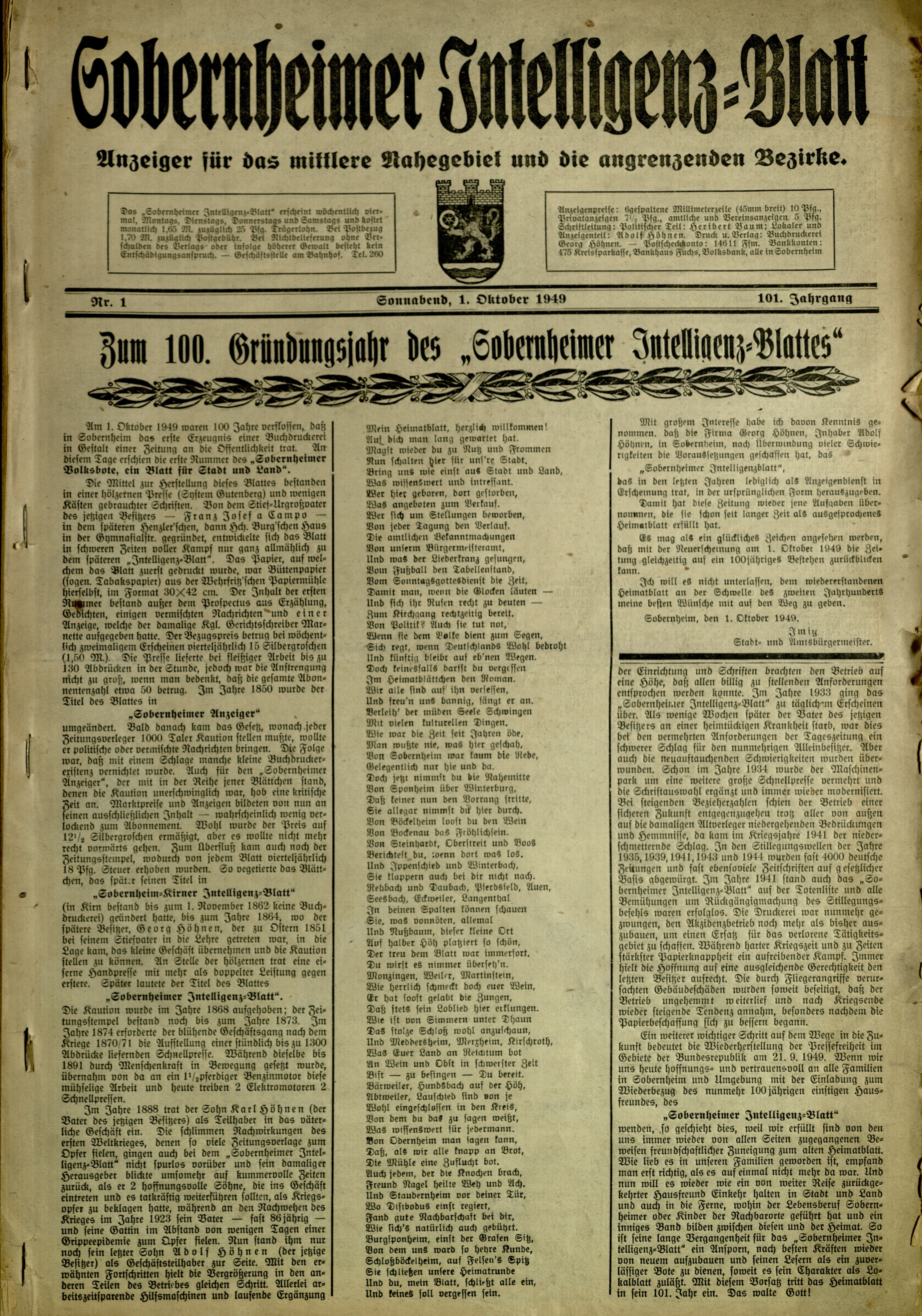 Zeitung: Sobernheimer Intelligenzblatt; Oktober 1949, Jg. 101 Nr. 1 (Heimatmuseum Bad Sobernheim CC BY-NC-SA)