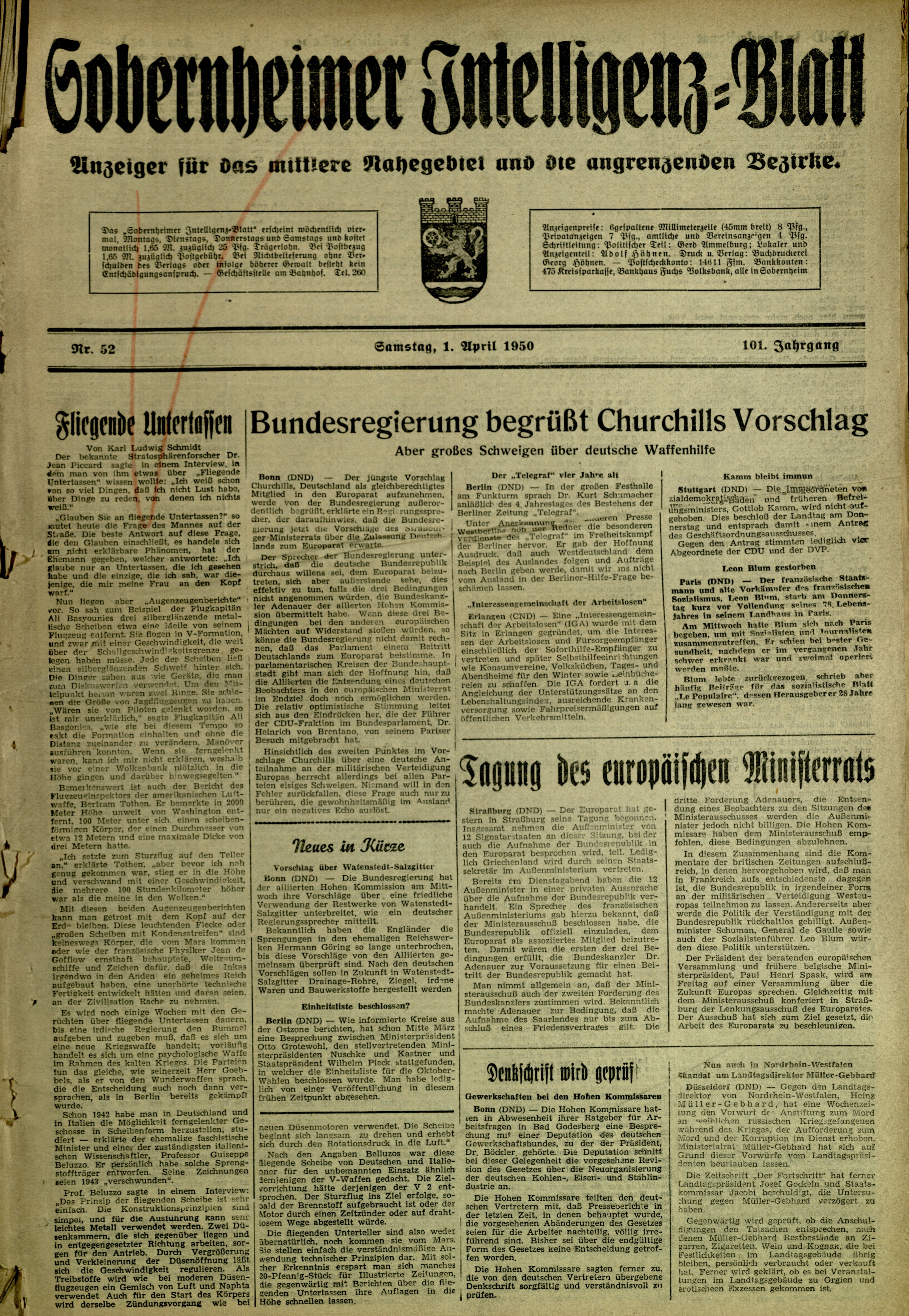 Zeitung: Sobernheimer Intelligenzblatt; April 1950, Jg. 101 Nr. 52 (Heimatmuseum Bad Sobernheim CC BY-NC-SA)