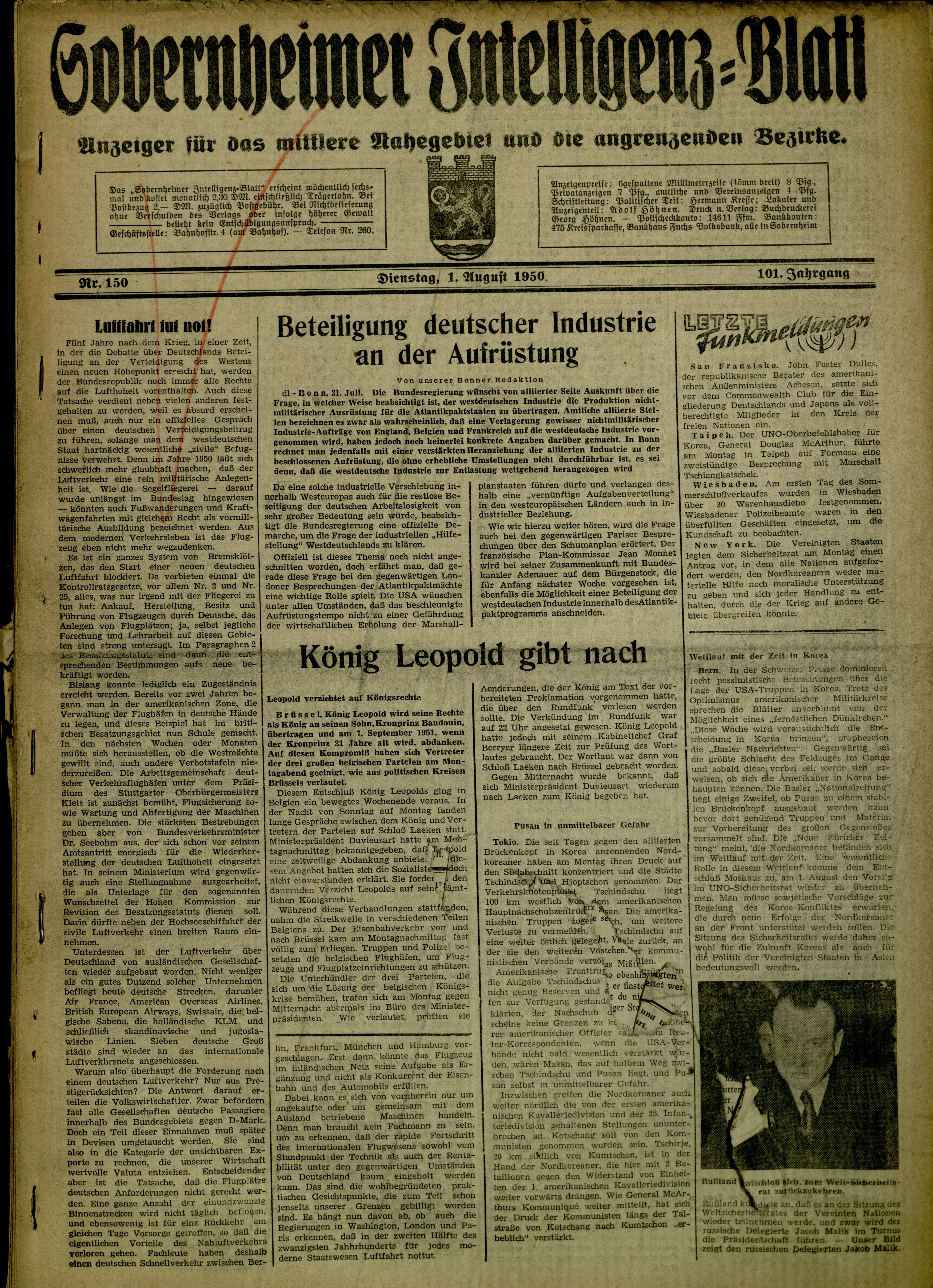 Zeitung: Sobernheimer Intelligenzblatt; August 1950, Jg. 82 Nr. 150 (Heimatmuseum Bad Sobernheim CC BY-NC-SA)