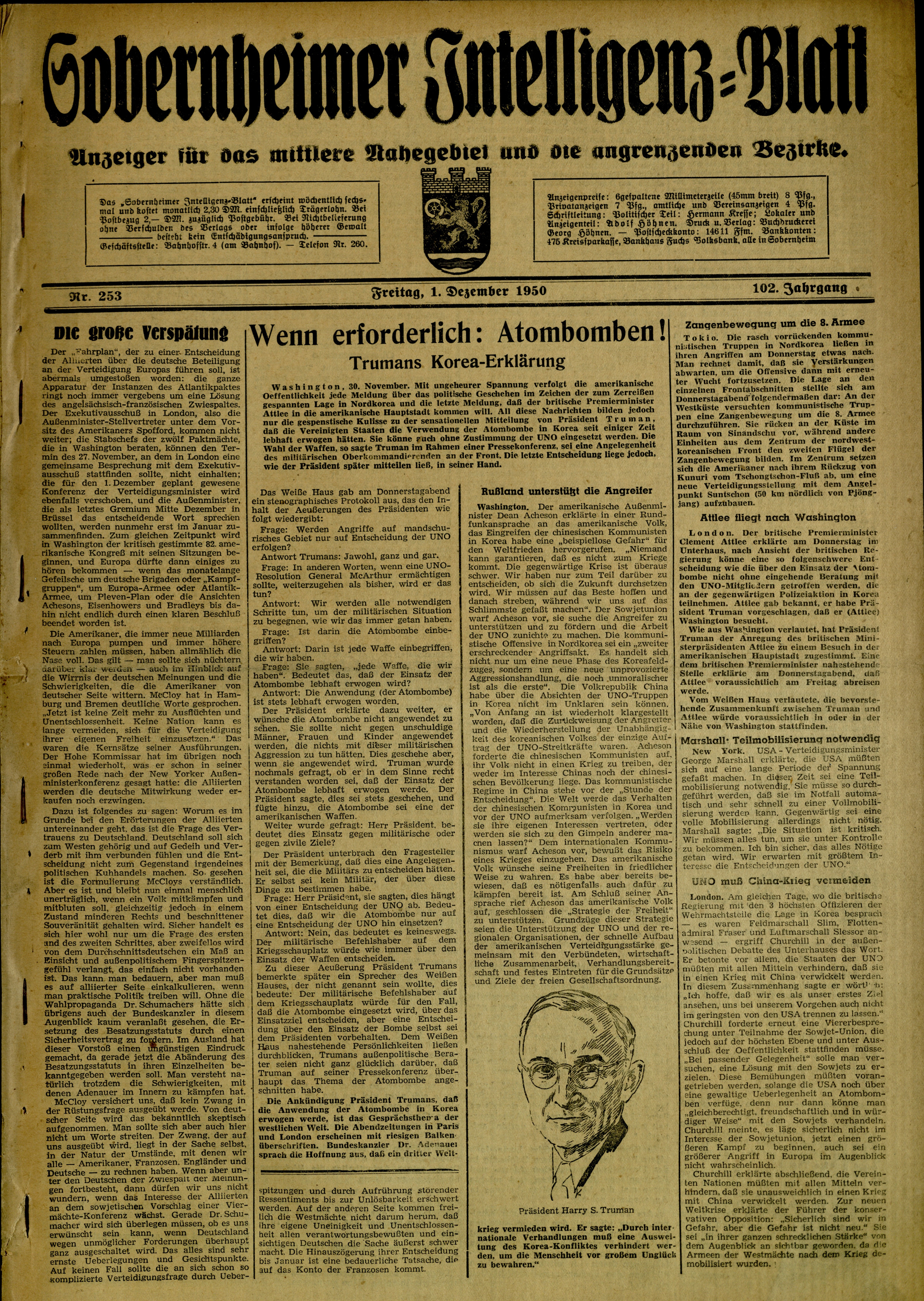 Zeitung: Sobernheimer Intelligenzblatt; August 1950, Jg. 82 Nr. 150 (Heimatmuseum Bad Sobernheim CC BY-NC-SA)