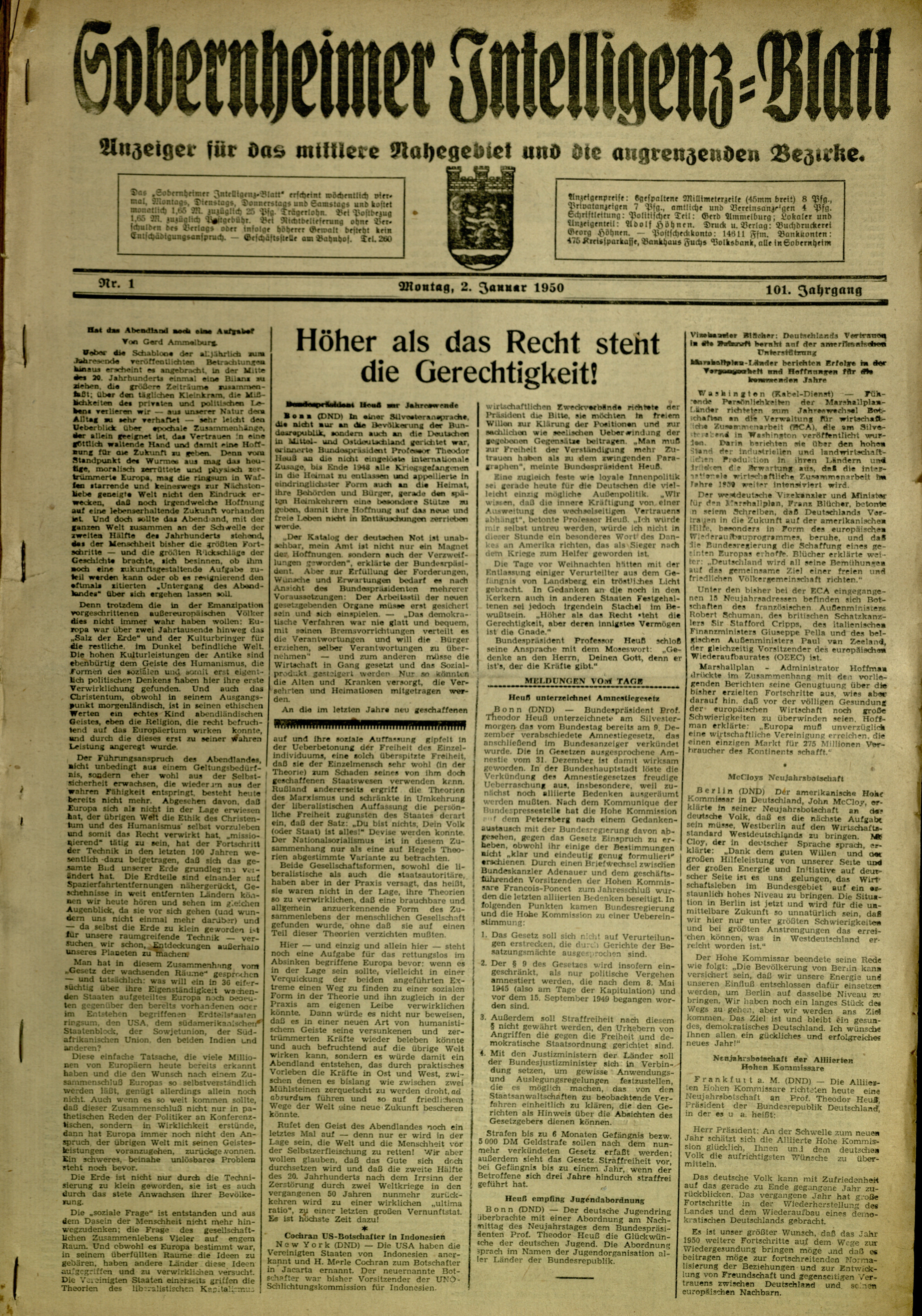 Zeitung: Sobernheimer Intelligenzblatt; Januar 1950, Jg. 82 Nr. 1 (Heimatmuseum Bad Sobernheim CC BY-NC-SA)