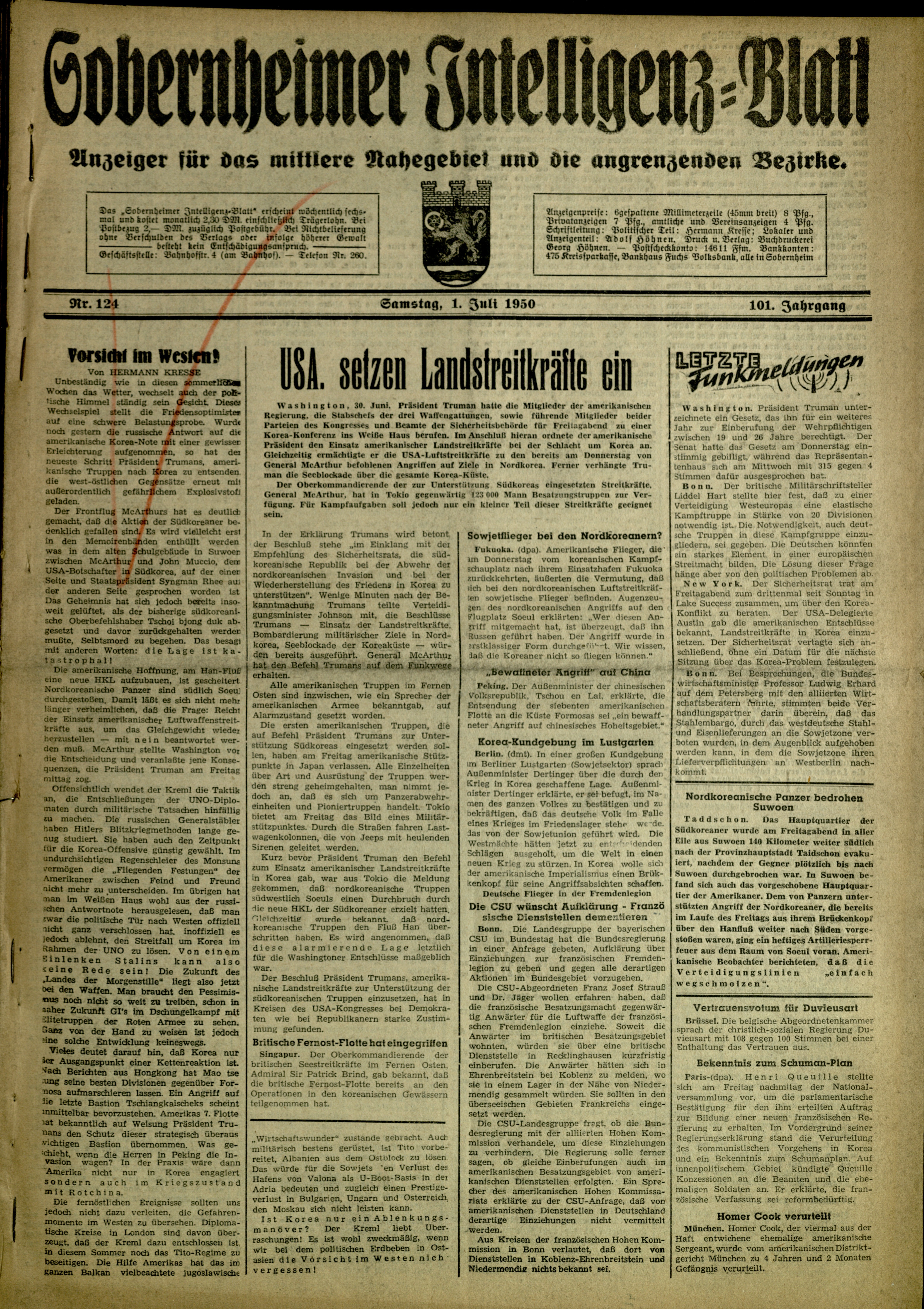 Zeitung: Sobernheimer Intelligenzblatt; Juli 1950, Jg. 82 Nr. 124 (Heimatmuseum Bad Sobernheim CC BY-NC-SA)