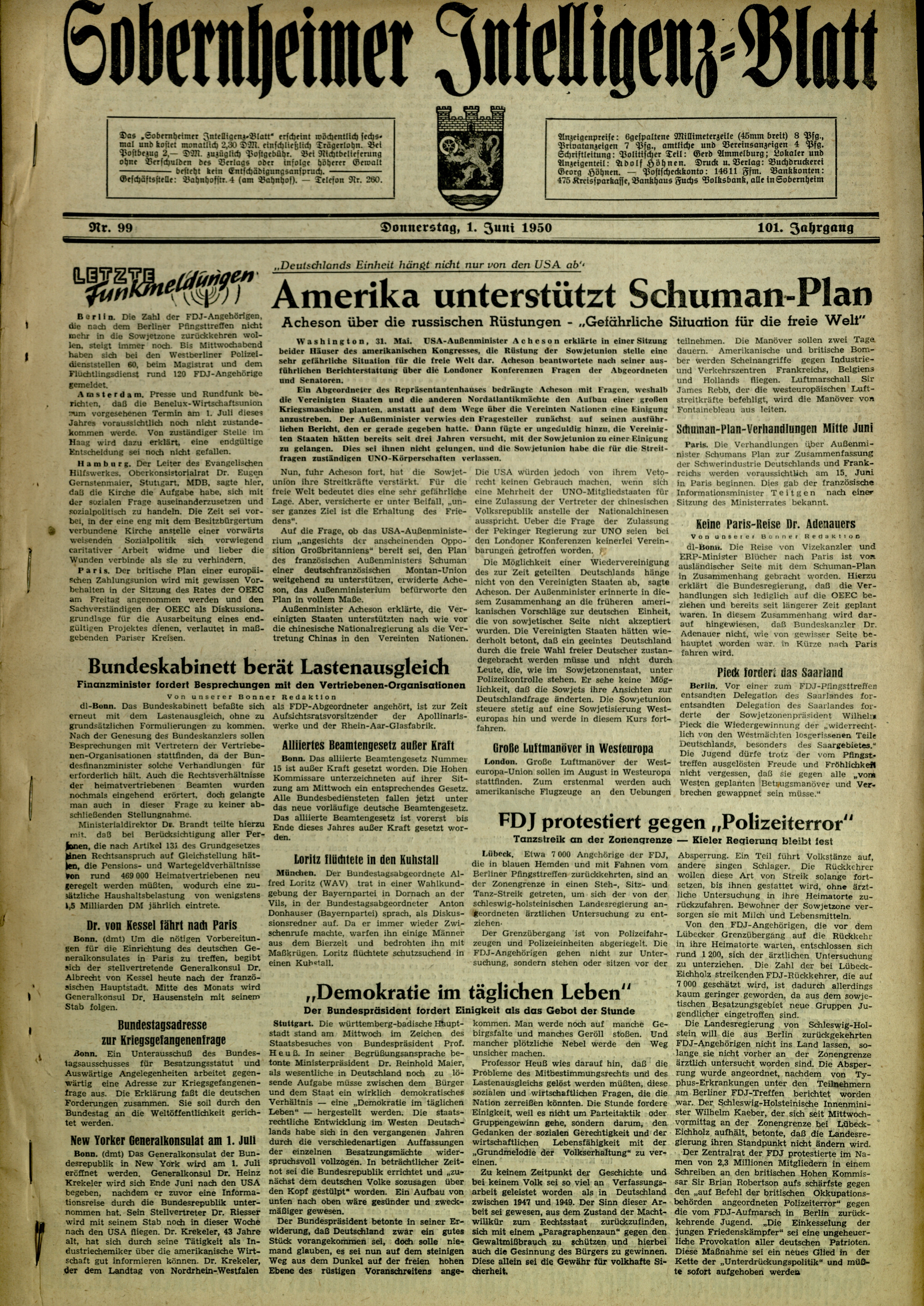 Zeitung: Sobernheimer Intelligenzblatt; Juni 1950, Jg. 82 Nr. 99 (Heimatmuseum Bad Sobernheim CC BY-NC-SA)