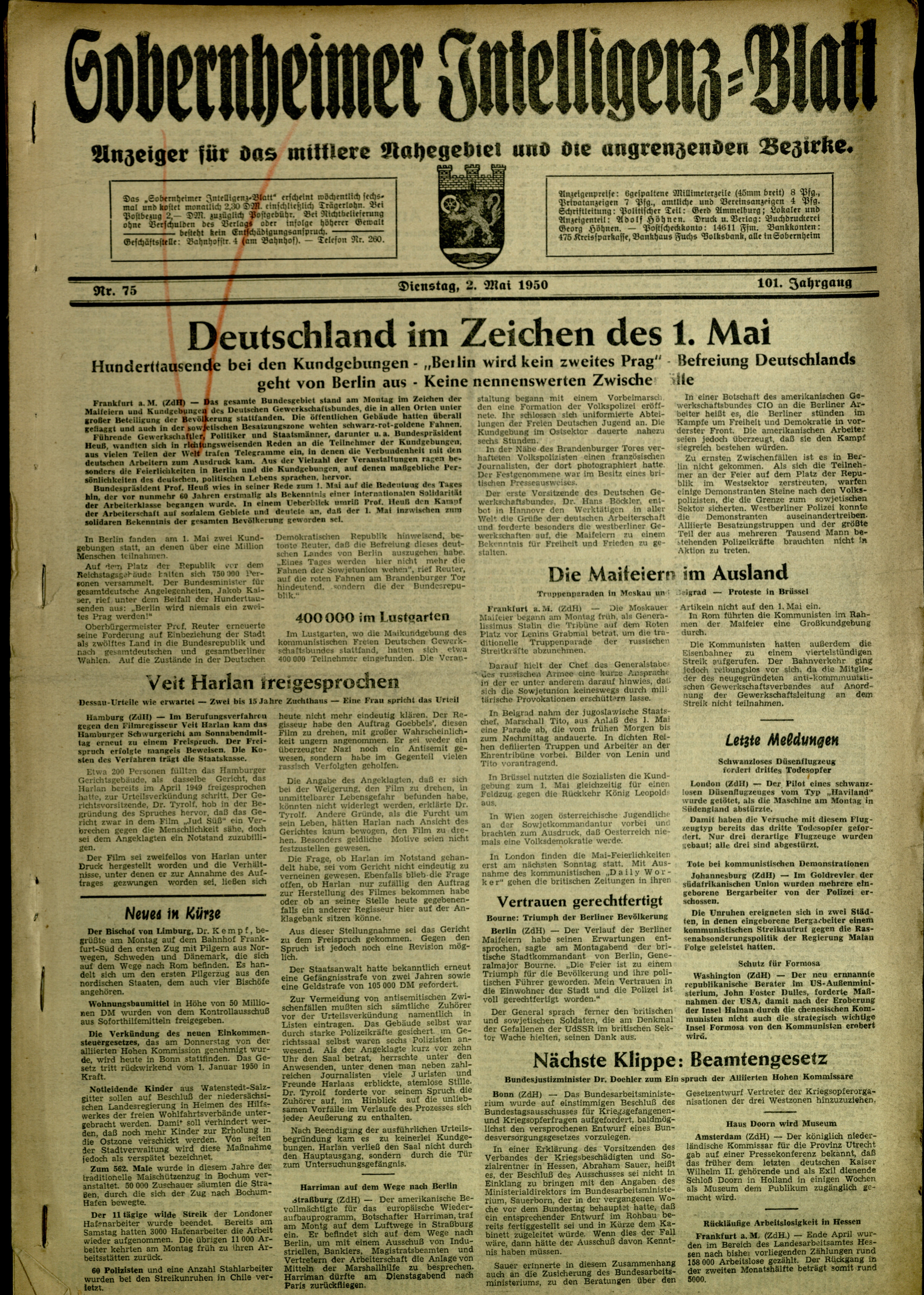 Zeitung: Sobernheimer Intelligenzblatt; Mai 1950, Jg. 82 Nr. 75 (Heimatmuseum Bad Sobernheim CC BY-NC-SA)