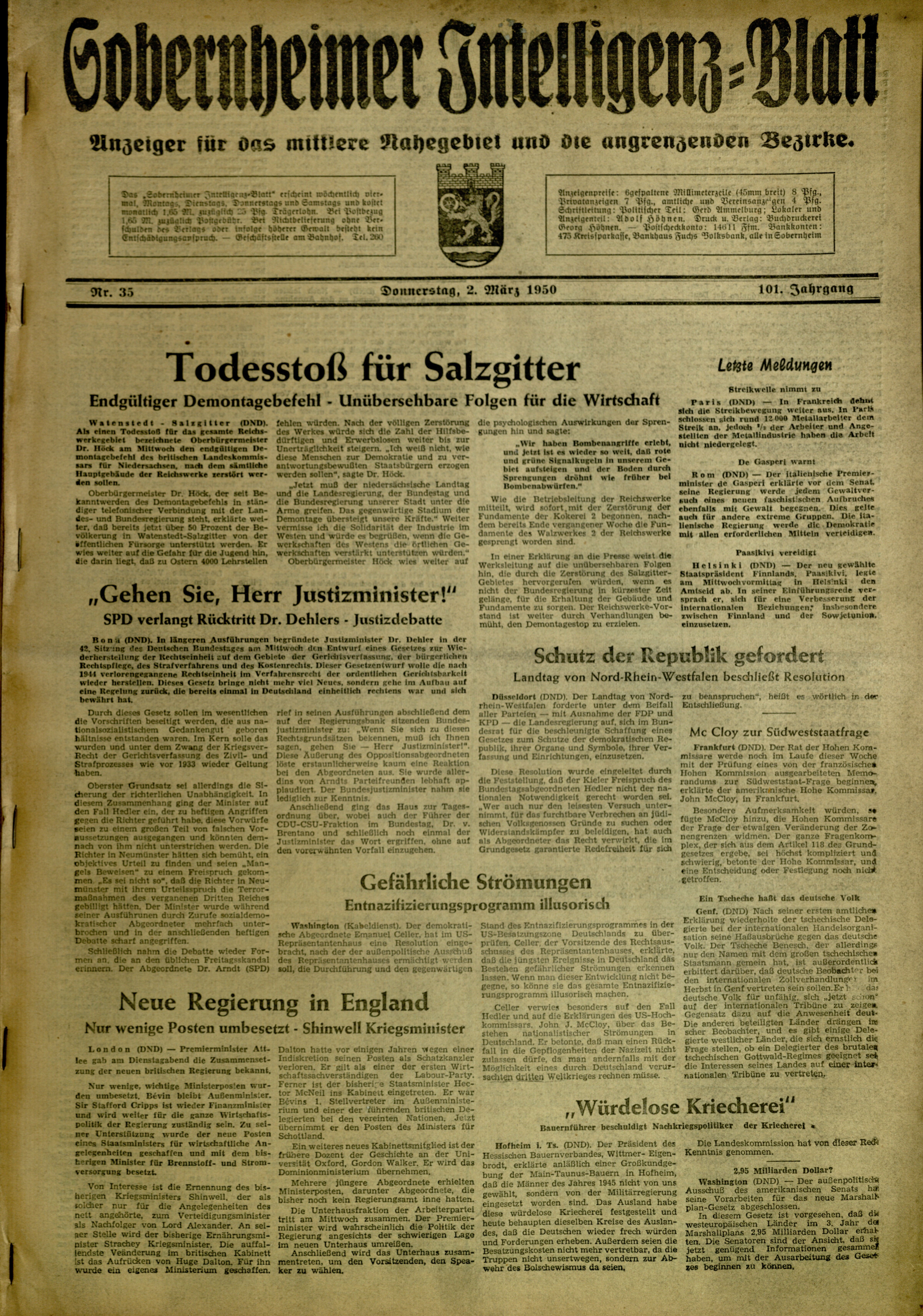 Zeitung: Sobernheimer Intelligenzblatt; März 1950, Jg. 101 Nr. 35 (Heimatmuseum Bad Sobernheim CC BY-NC-SA)