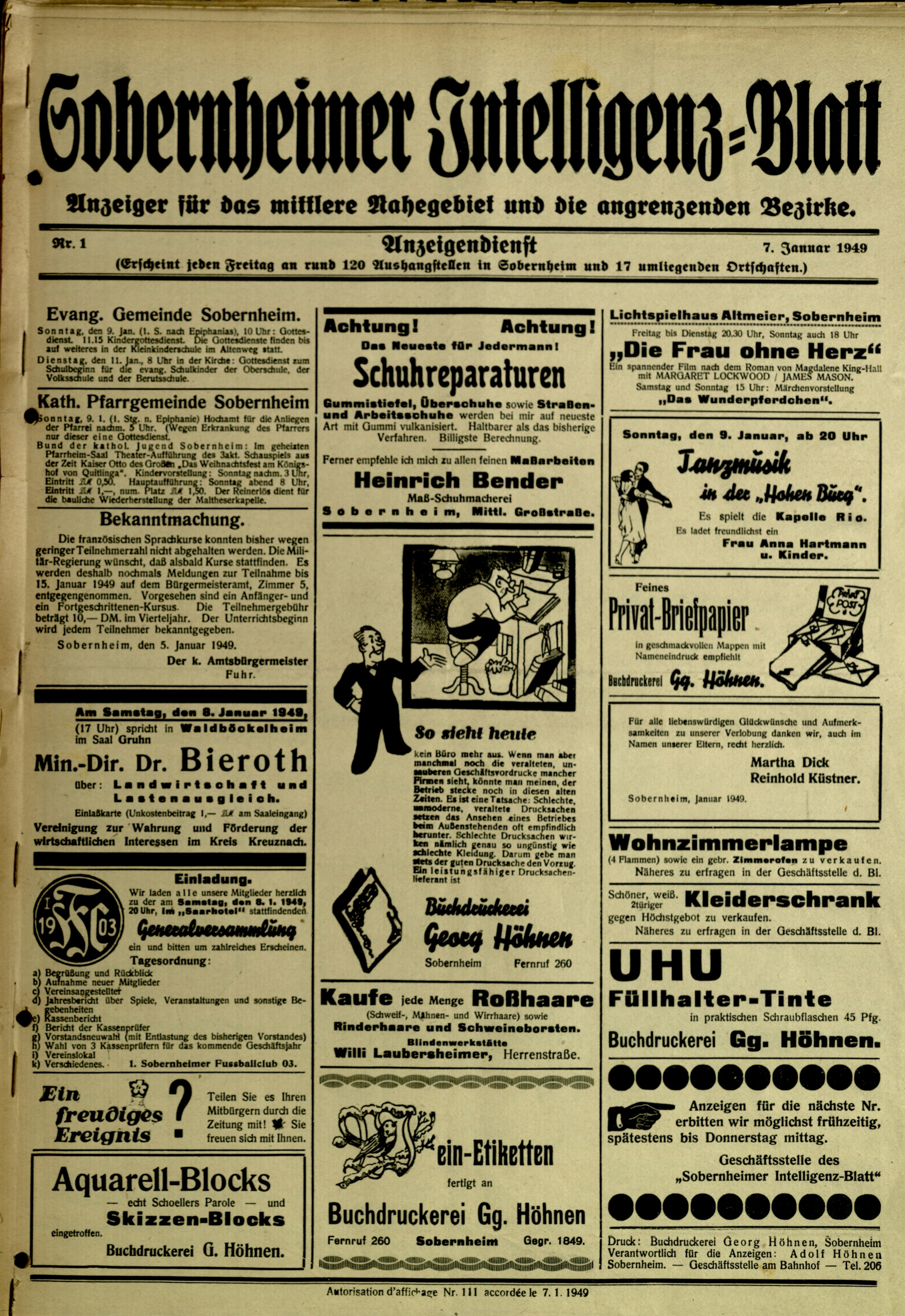 Zeitung: Sobernheimer Intelligenzblatt; 1949, Anzeigenblatt (Heimatmuseum Bad Sobernheim CC BY-NC-SA)
