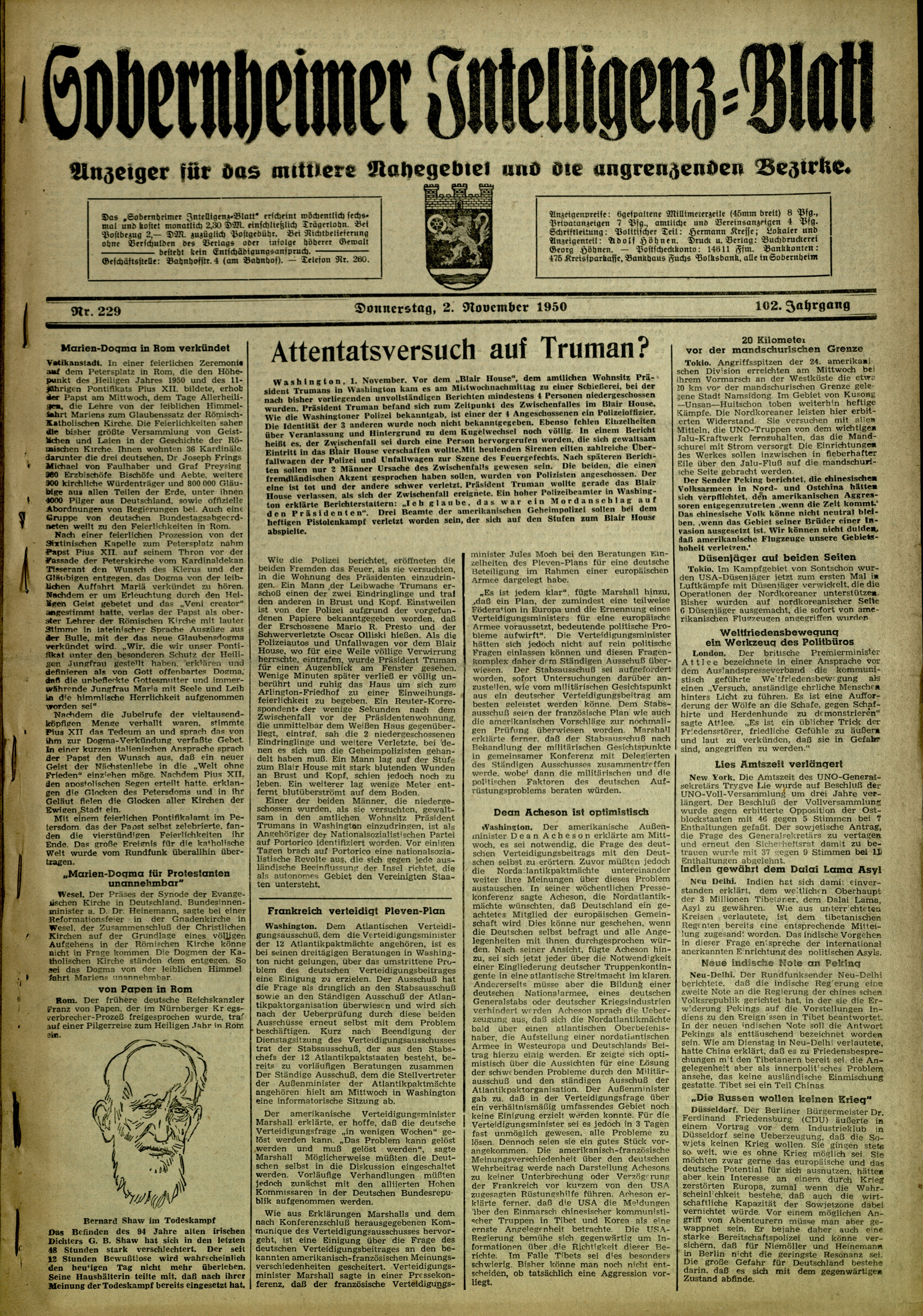 Zeitung: Sobernheimer Intelligenzblatt; November 1950, Jg. 101, Nr. 229 (Heimatmuseum Bad Sobernheim CC BY-NC-SA)
