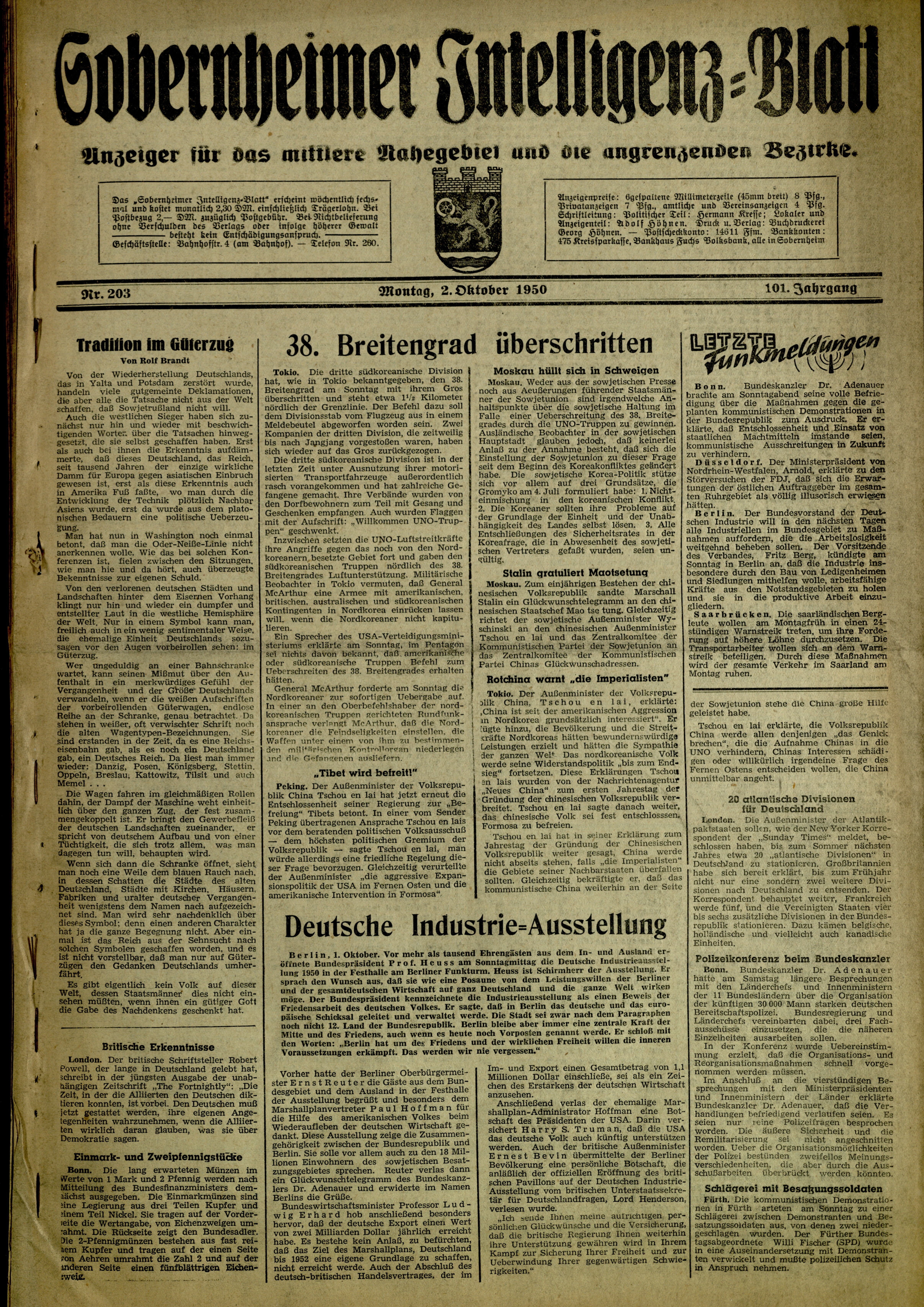 Zeitung: Sobernheimer Intelligenzblatt; November 1950, Jg. 101, Nr. 203 (Heimatmuseum Bad Sobernheim CC BY-NC-SA)