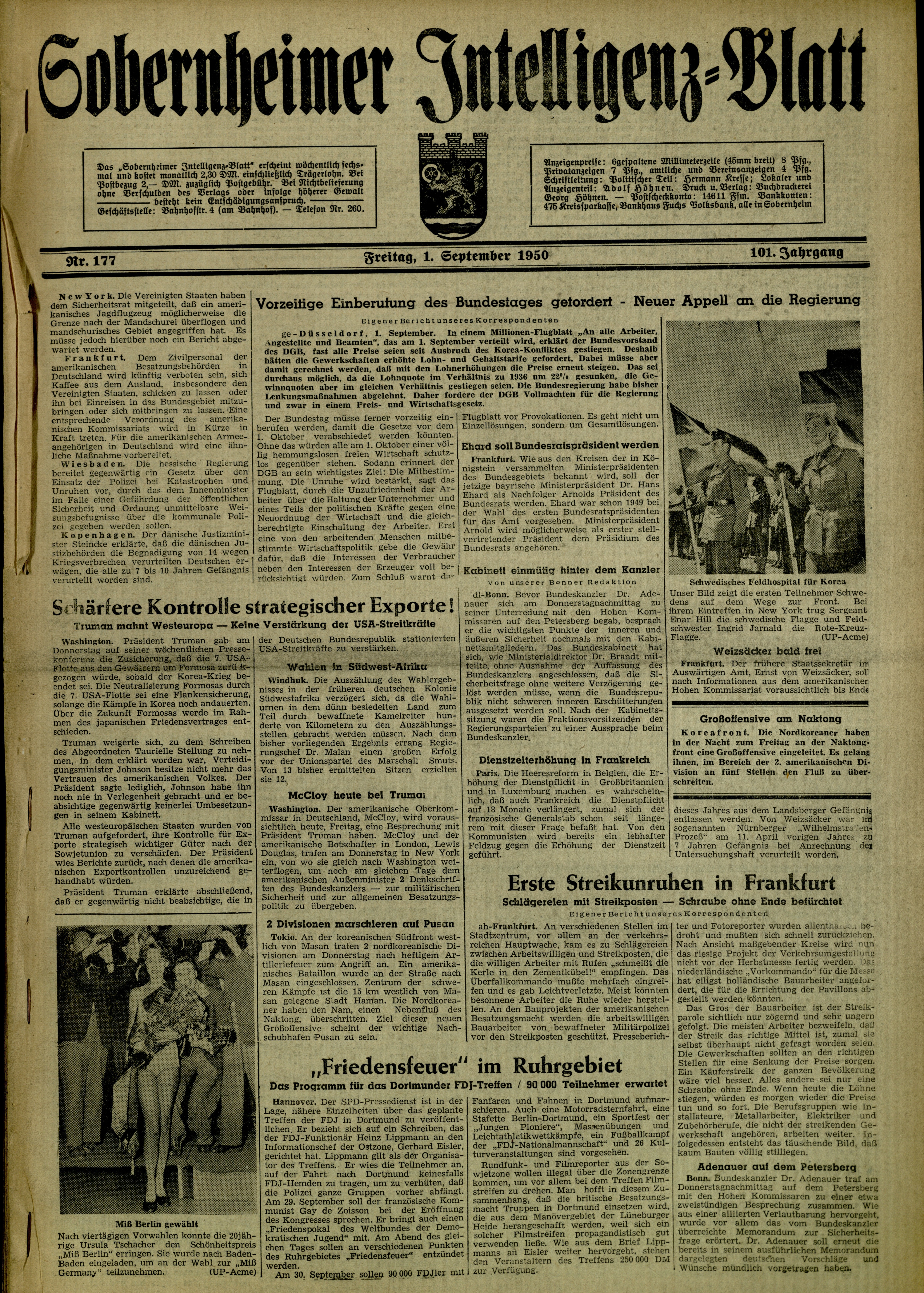 Zeitung: Sobernheimer Intelligenzblatt; September 1950, Jg. 101, Nr. 177 (Heimatmuseum Bad Sobernheim CC BY-NC-SA)