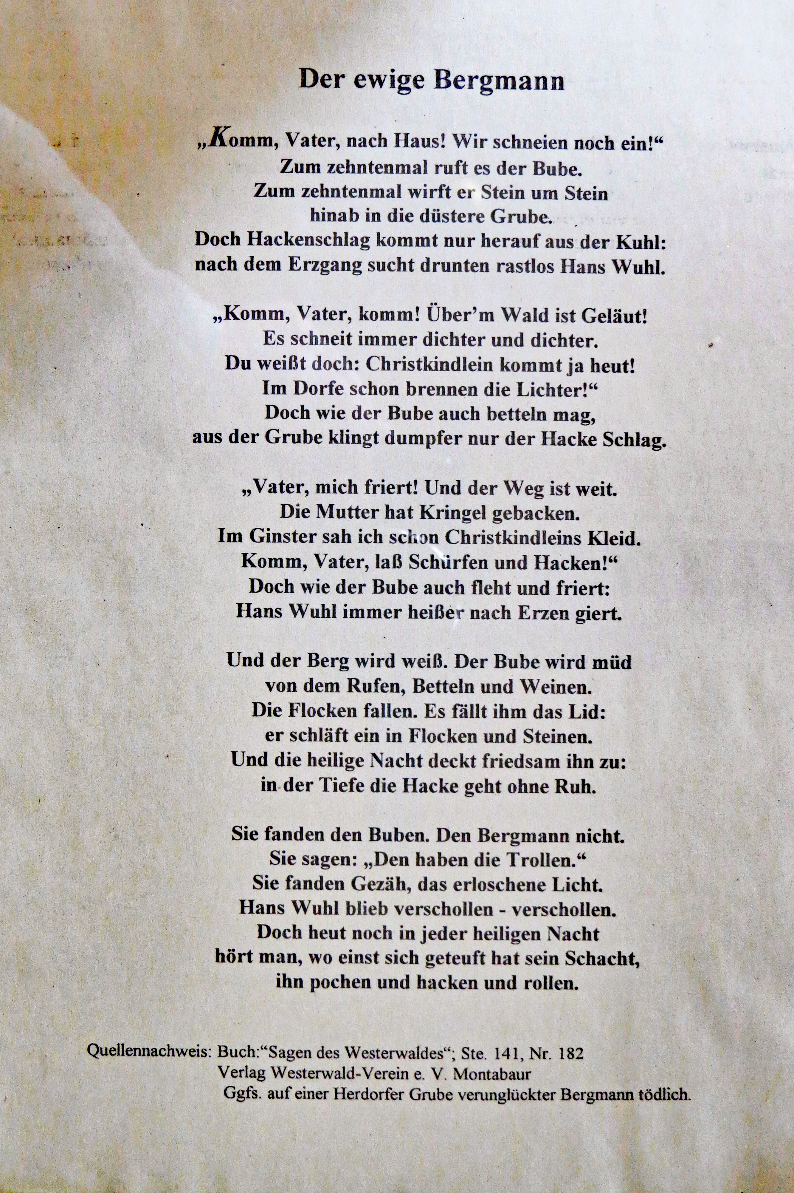 Konvolut Gegenstände von Steiger Wilhelm Gerlach: Foto des Gedichtes "Der ewige Bergmann" (Museumsverein Einrich e.V. CC BY-NC-SA)