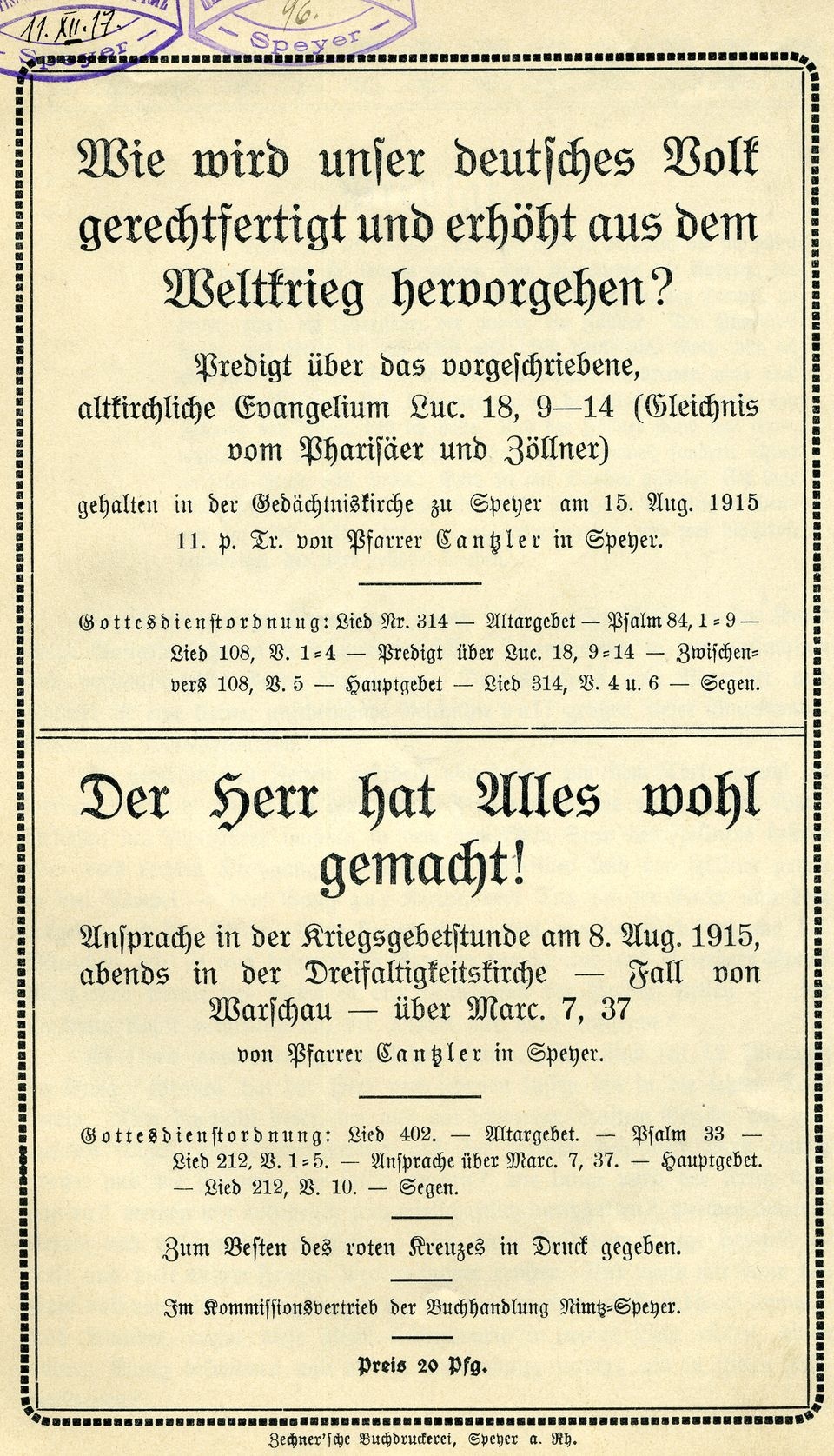 Kriegspredigt und Ansprache von Pfarrer Cantzler, Speyer (Historisches Museum der Pfalz, Speyer CC BY)