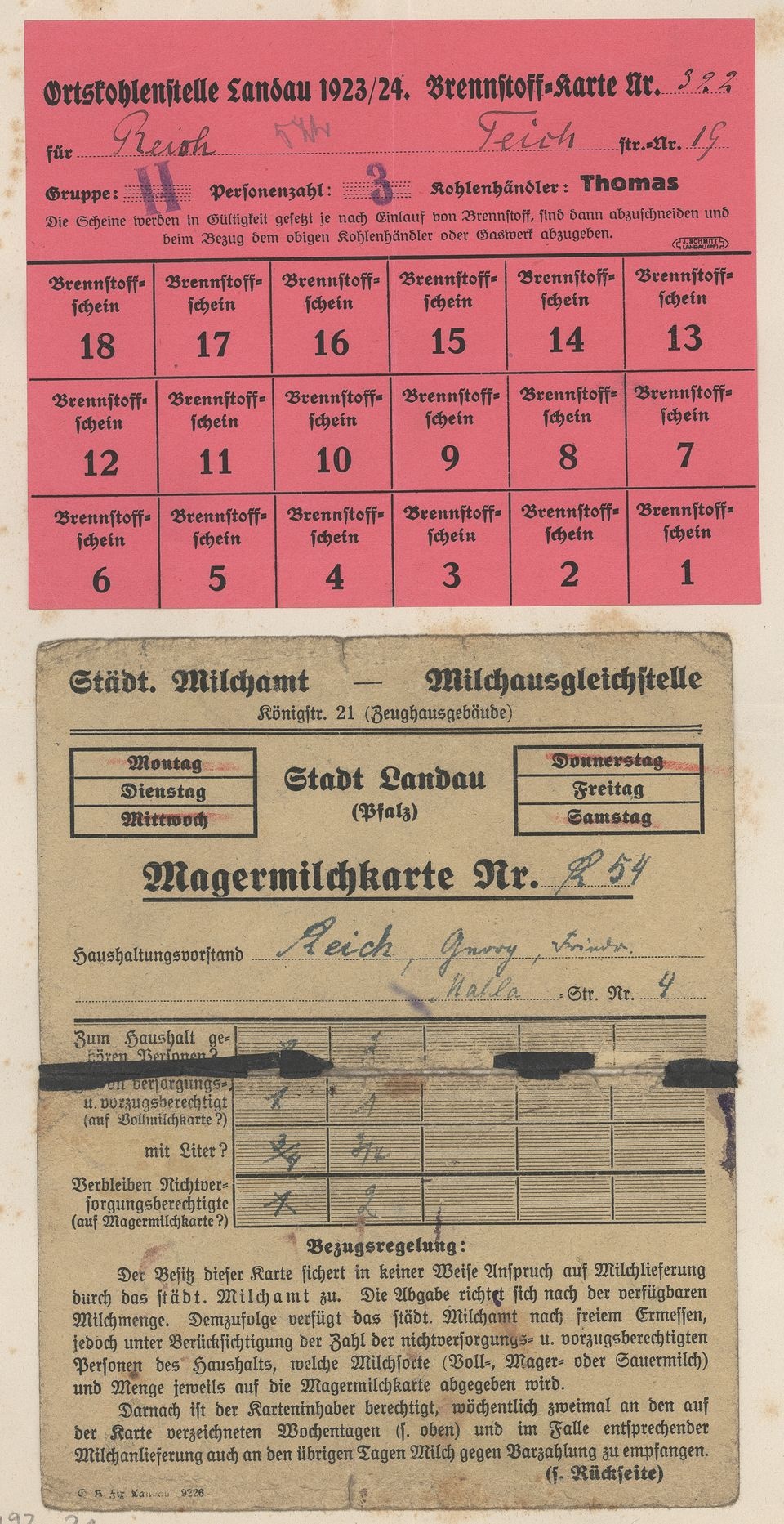 Brennstoffscheine und Magermilchtarte (Historisches Museum der Pfalz, Speyer CC BY)