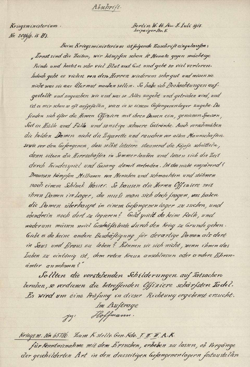 Abschrift eines Schreibens an das Kriegsministerium (Historisches Museum der Pfalz, Speyer CC BY)