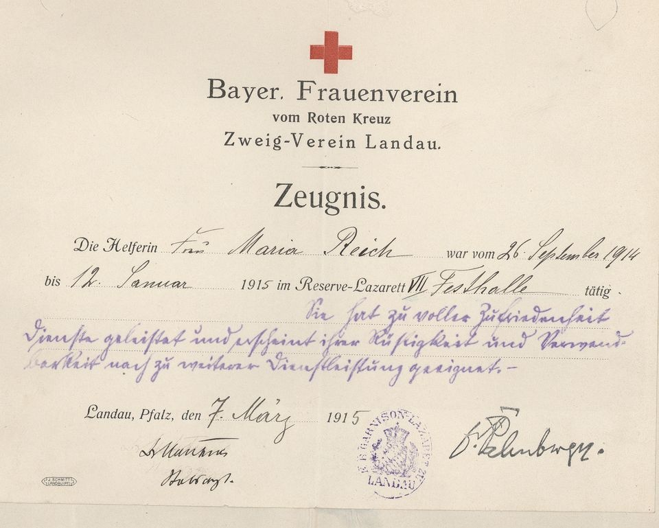 Zeugnis des Bayerischen Frauenvereins vom Roten Kreuz (Historisches Museum der Pfalz, Speyer CC BY)