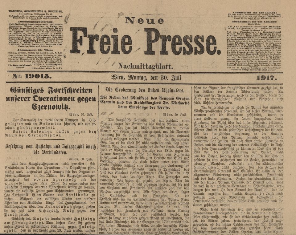 Titelseite der Zeitung &quot;Neue Freie Presse. Nachmittagsblatt&quot; (Historisches Museum der Pfalz, Speyer CC BY)