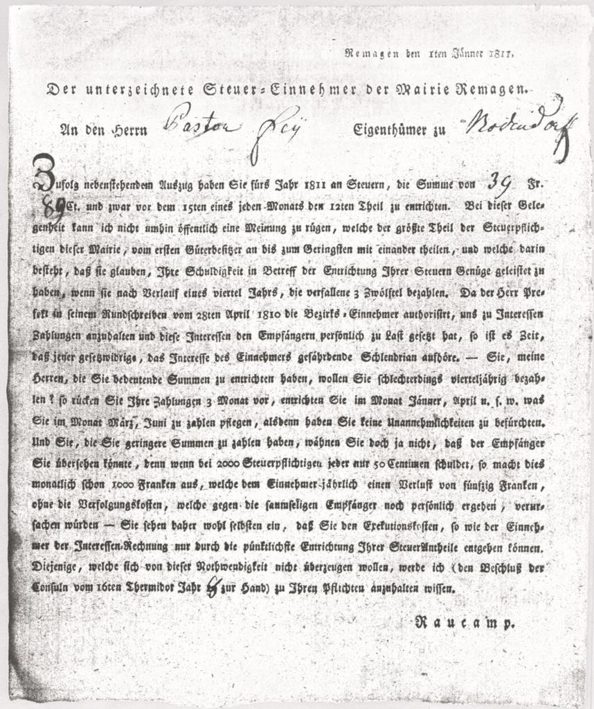 Steuerbescheid an Pastor Fey von Mairie Remagen (Heimatmuseum und -Archiv Bad Bodendorf CC BY-NC-SA)