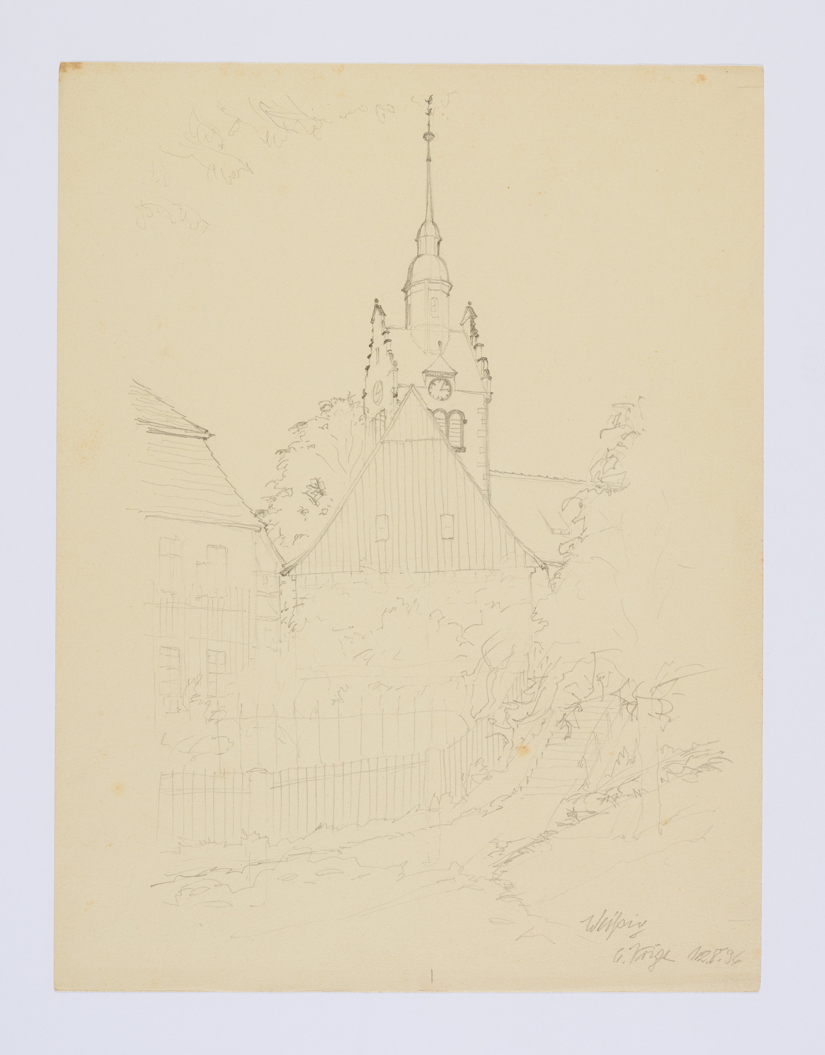 Bleistiftzeichnung "Weißiger Kirche" (Museum Schloss Klippenstein CC BY-NC-SA)