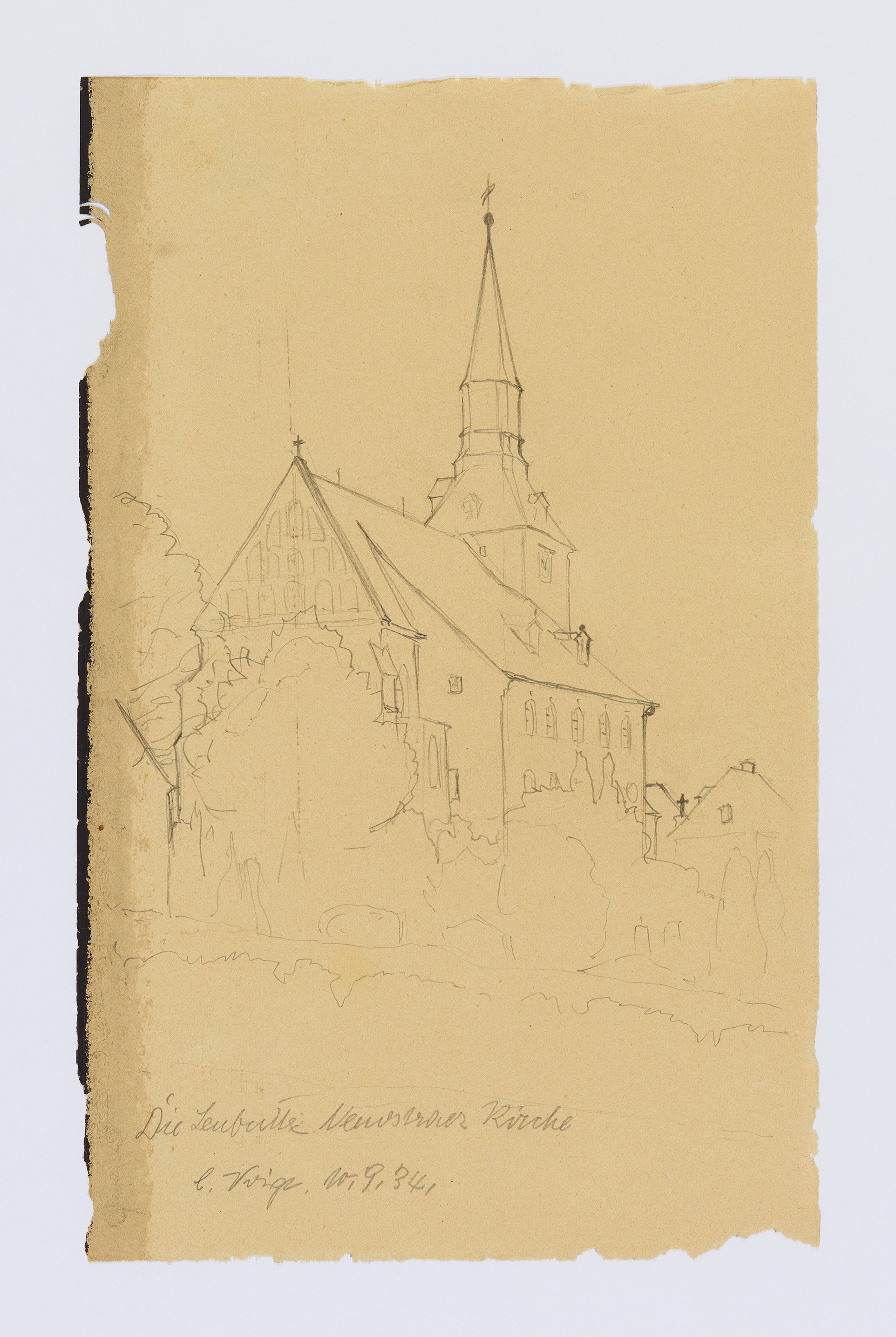 Bleistiftzeichnung Kirche Leubnitz Neuostra (Museum Schloss Klippenstein CC BY-NC-SA)