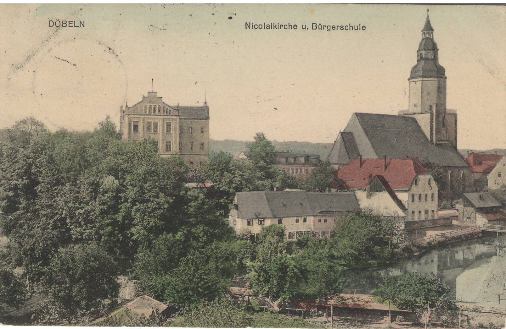 Ansichtspostkarte Döbeln: Nicolaikirche und Bürgerschule (Stadtmuseum / Kleine Galerie Döbeln CC BY-NC-SA)