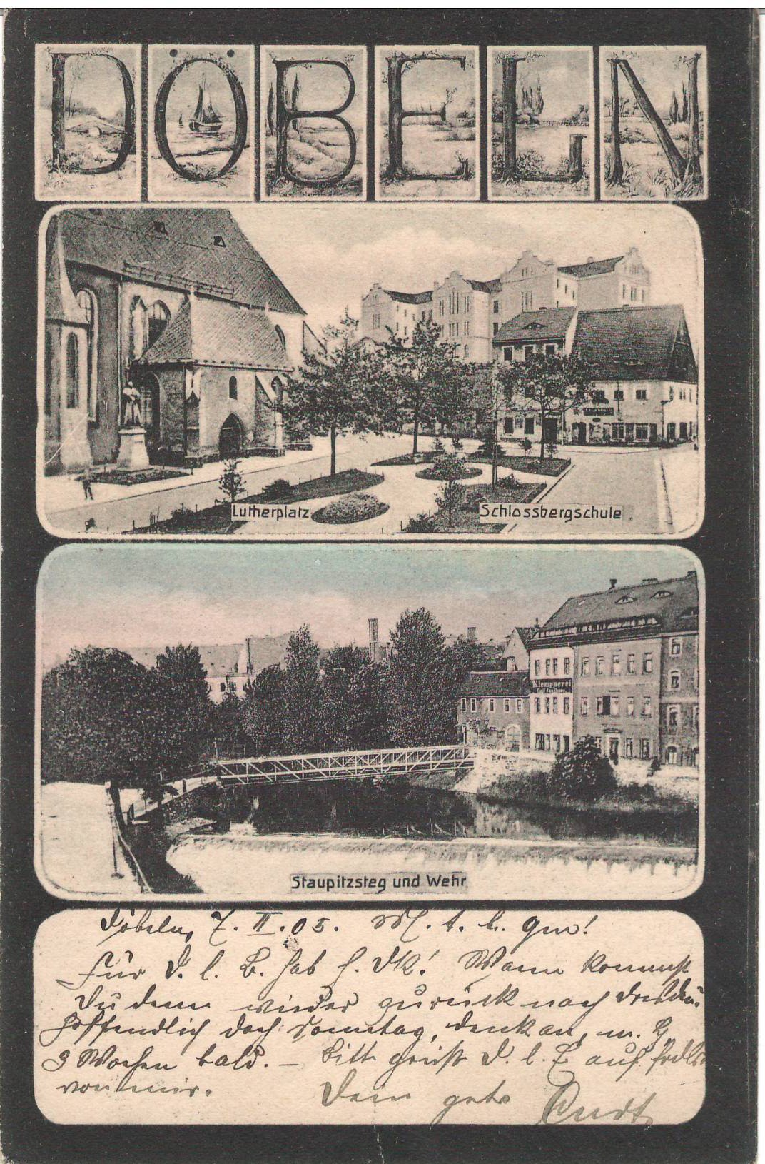 Ansichtspostkarte Döbeln: Schloßbergschule und Staupitzsteg (Stadtmuseum / Kleine Galerie Döbeln CC BY-NC-SA)