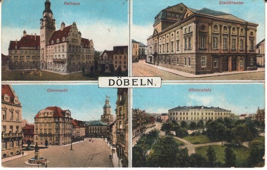 Ansichtspostkarte Döbeln: Rathaus, Stadttheater, Obermarkt und Körnerplatz (Stadtmuseum / Kleine Galerie Döbeln CC BY-NC-SA)