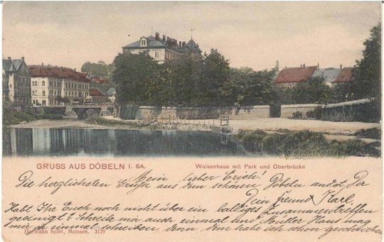 Ansichtspostkarte Döbeln: Waisenhaus mit Park und Oberbrücke (Stadtmuseum / Kleine Galerie Döbeln CC BY-NC-SA)