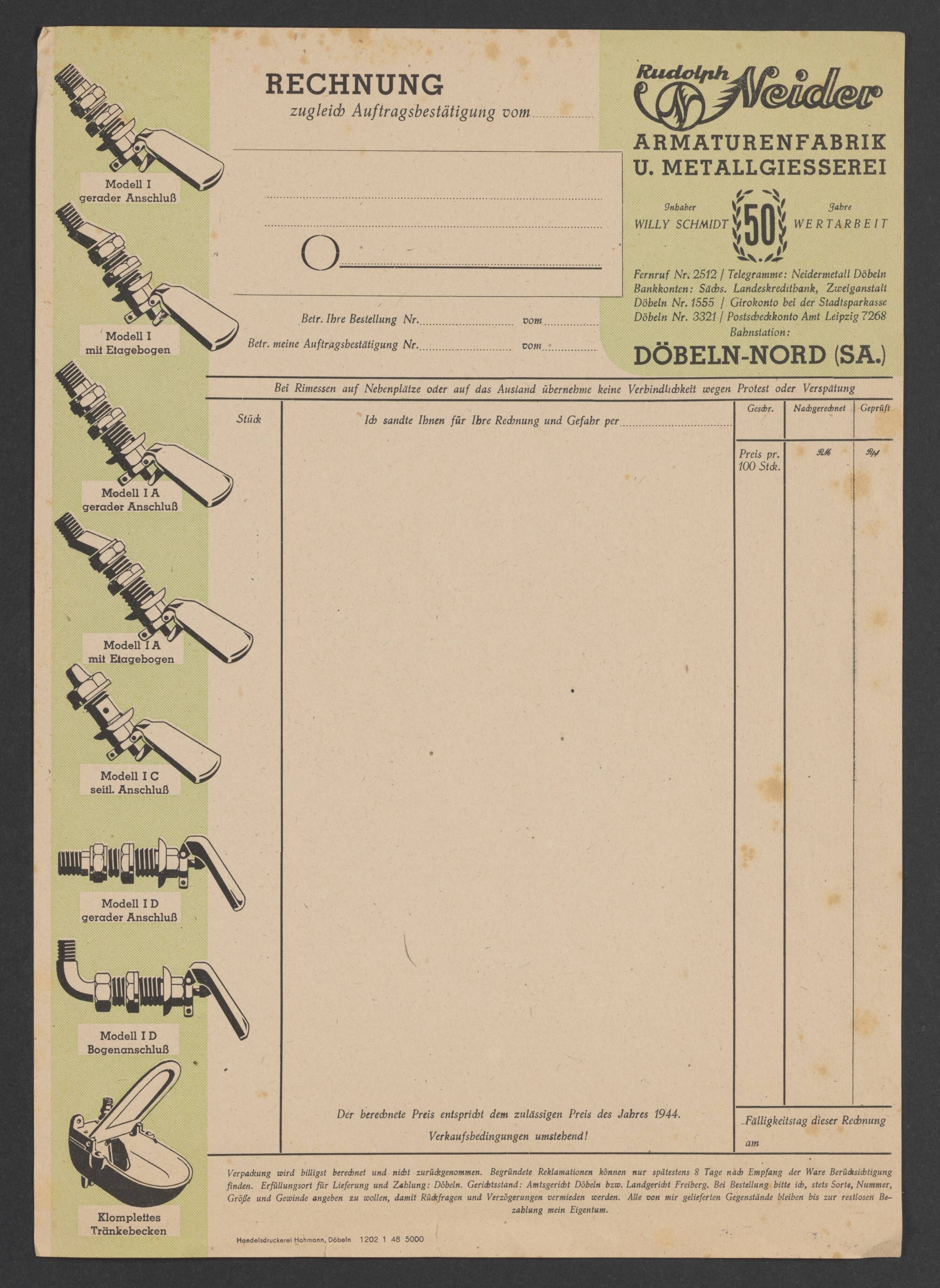 Rechnungsbogen der Firma Rudolph Neider (Stadtmuseum / Kleine Galerie Döbeln CC BY-NC-SA)