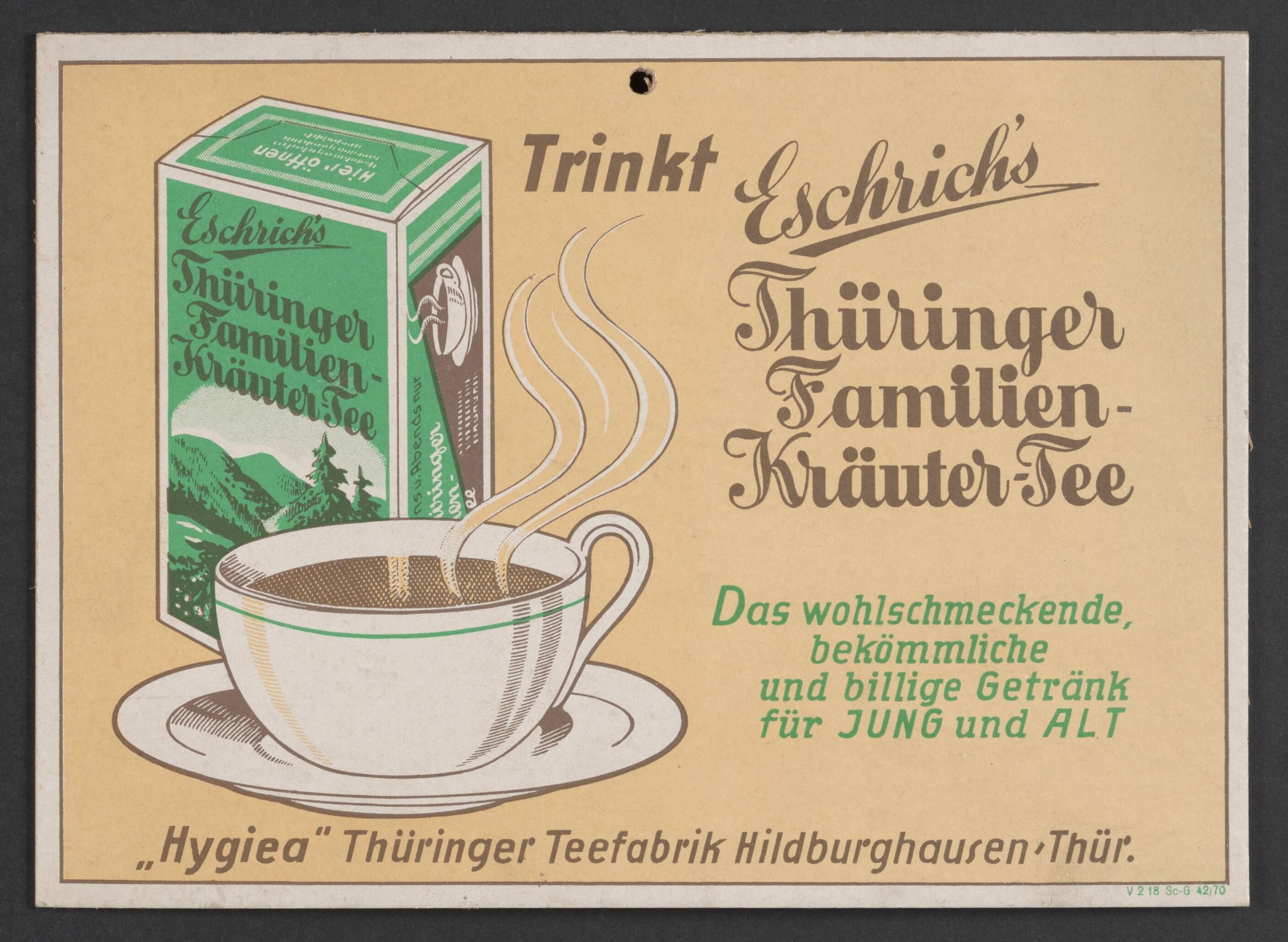 Plakat "Trinkt Eschrich’s Thüringer Familien-Kräuter-Tee" (Stadtmuseum / Kleine Galerie Döbeln CC BY-NC-SA)