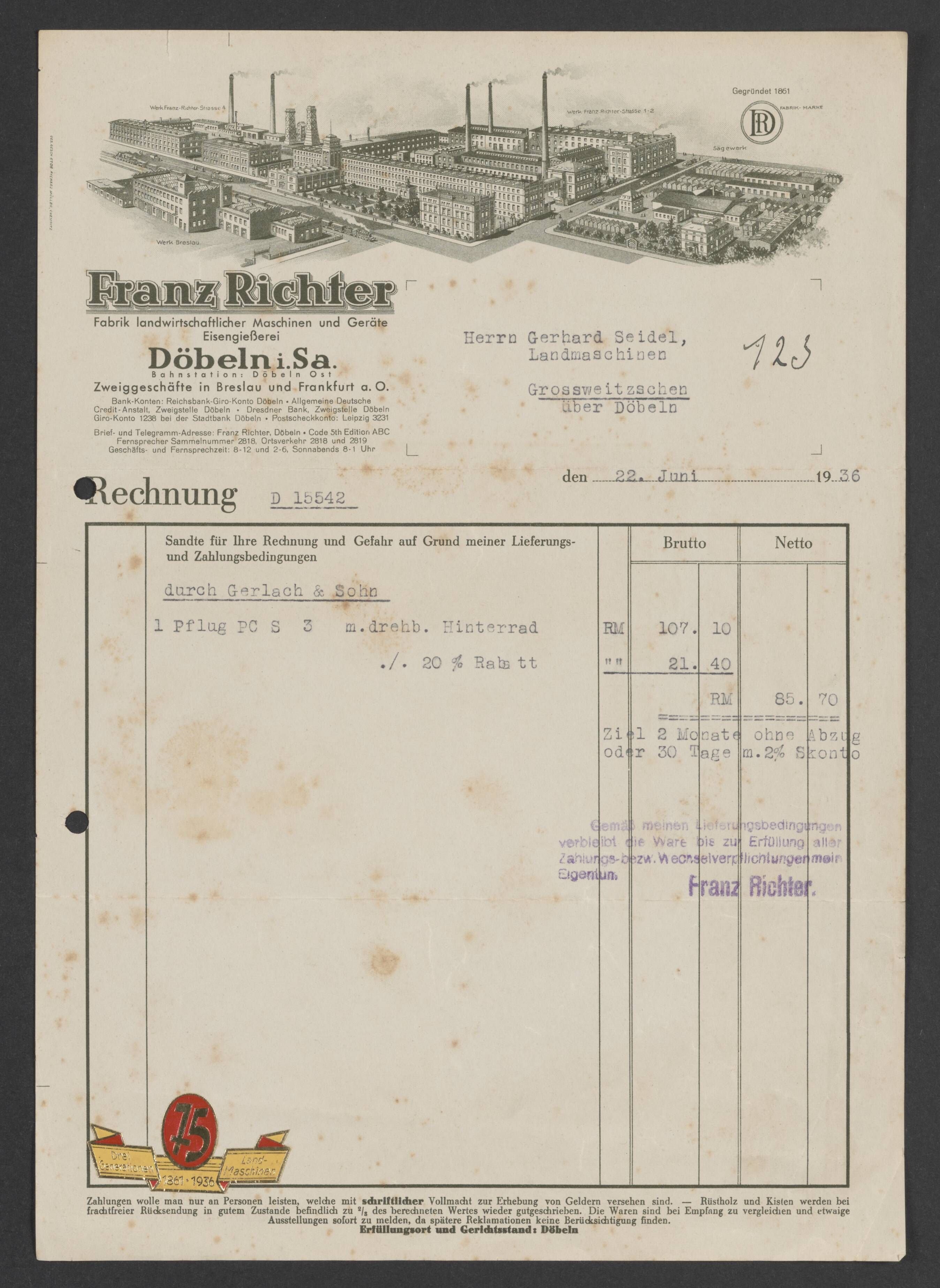 Rechnungsbogen der Firma Franz Richter (Stadtmuseum / Kleine Galerie Döbeln CC BY-NC-SA)