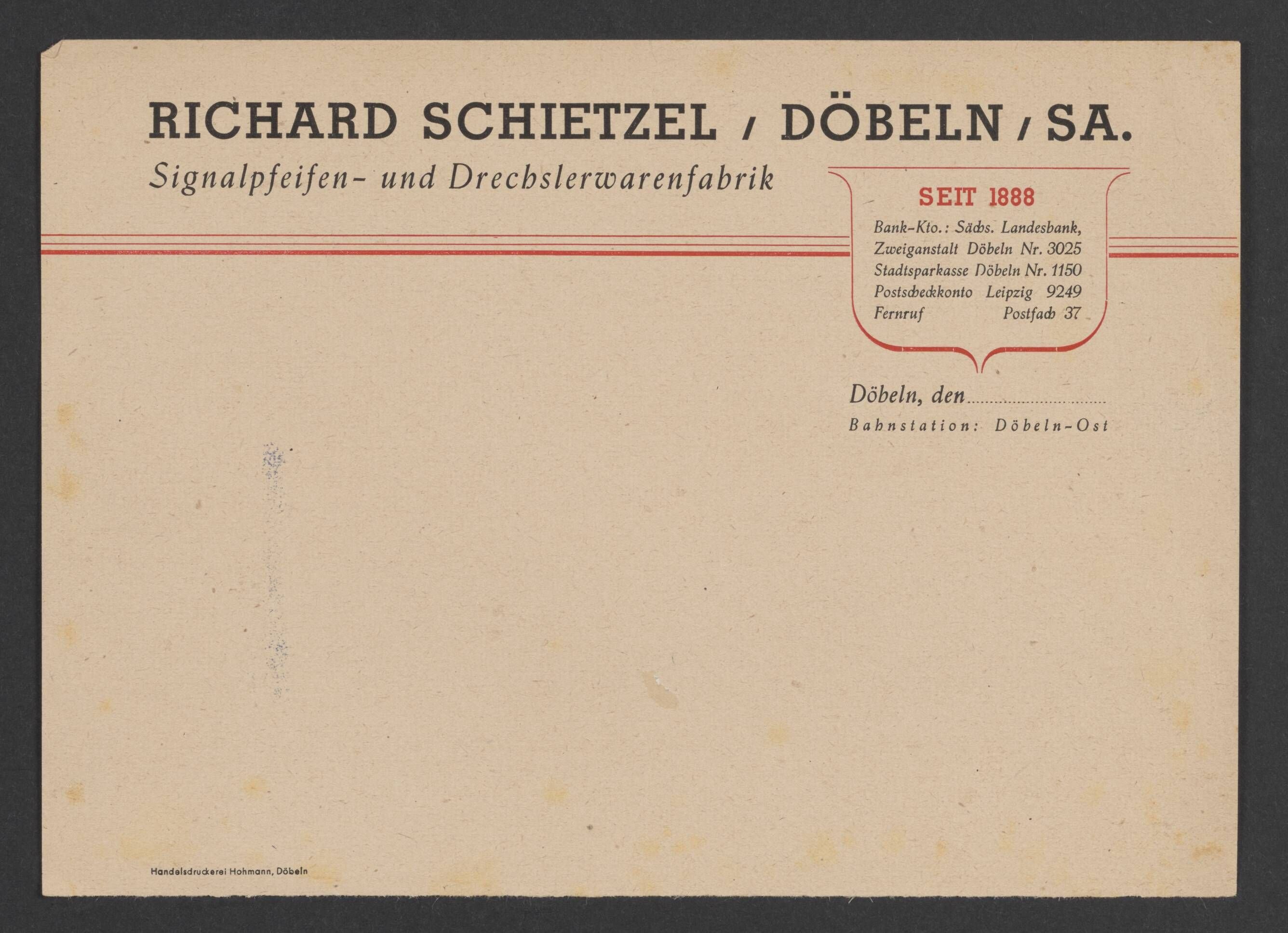 Briefbogen der Firma Richard Schietzel (Stadtmuseum / Kleine Galerie Döbeln CC BY-NC-SA)