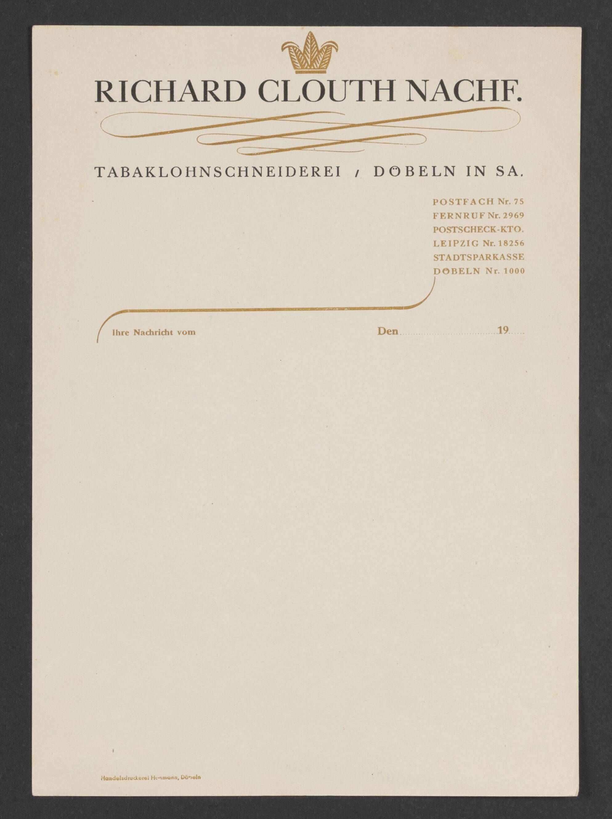 Briefbogen der Firma Richard Clouth (Stadtmuseum / Kleine Galerie Döbeln CC BY-NC-SA)