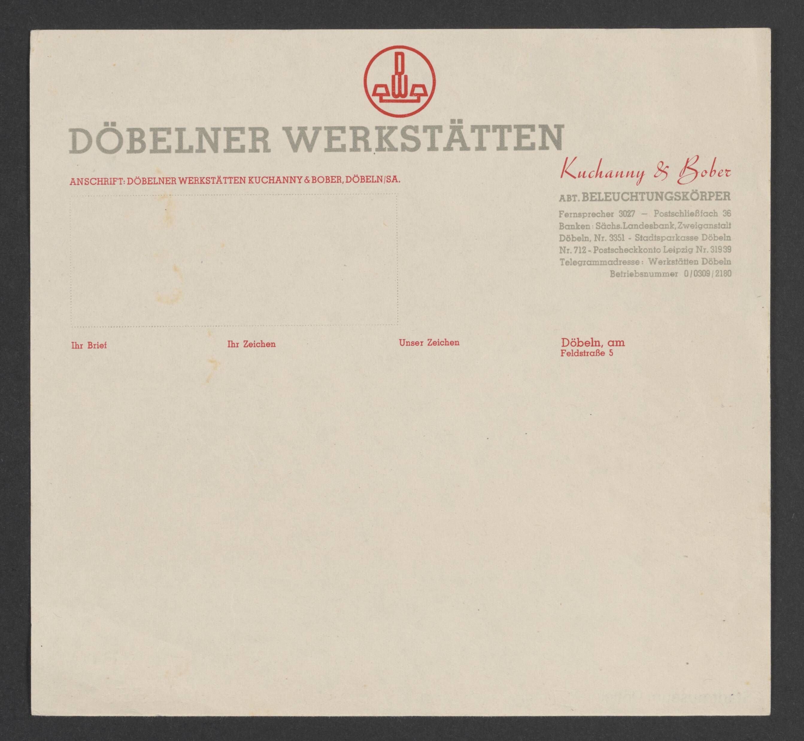 Briefbogen der Firma Döbelner Werkstätten (Stadtmuseum / Kleine Galerie Döbeln CC BY-NC-SA)
