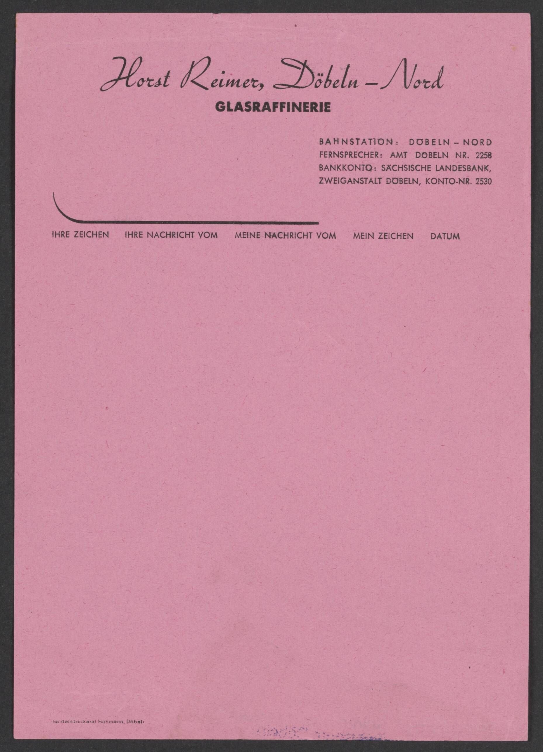 Briefbogen der Firma Horst Reimer (Stadtmuseum / Kleine Galerie Döbeln CC BY-NC-SA)