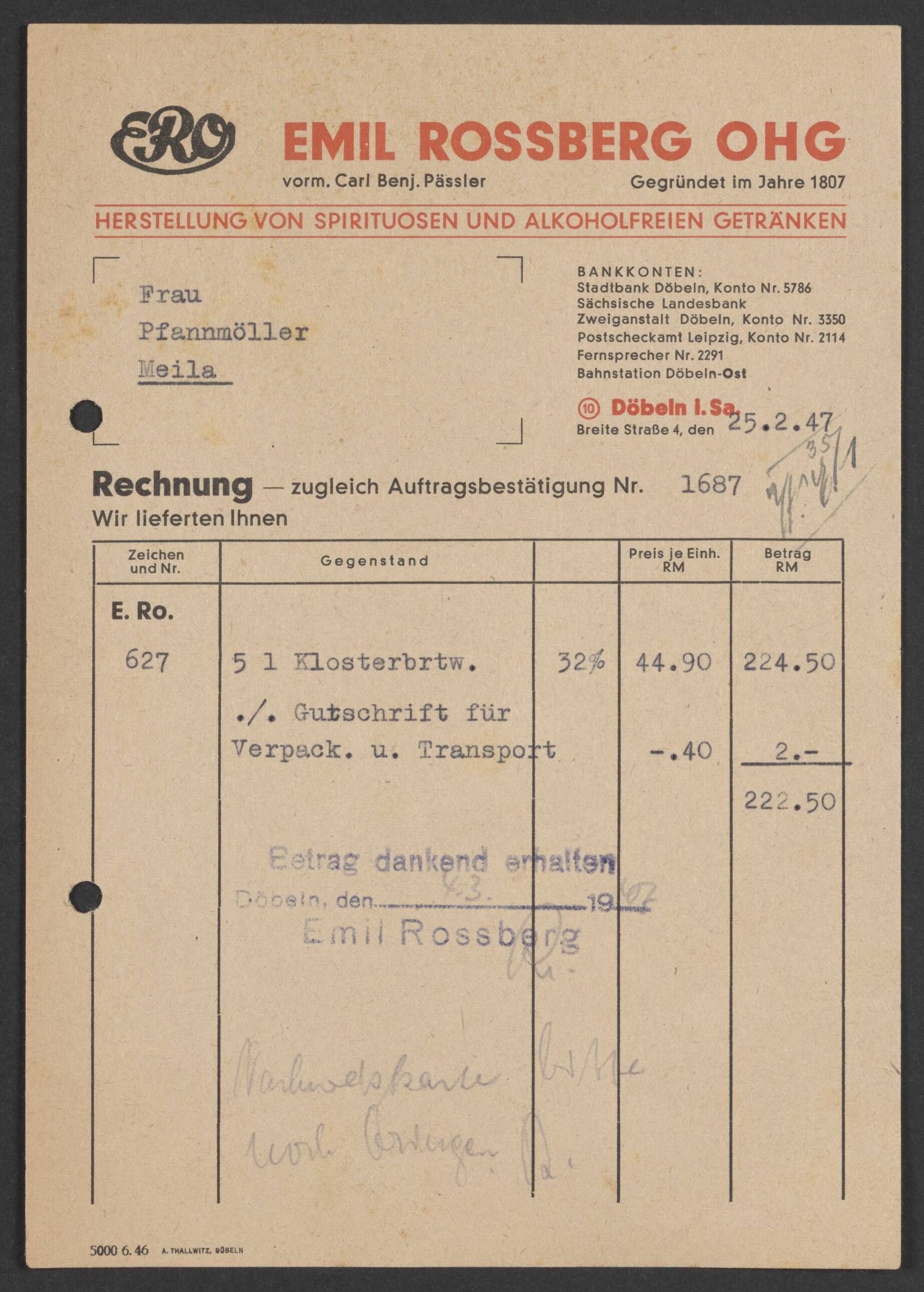 Rechnungsbogen der Firma Emil Roßberg OHG (Stadtmuseum / Kleine Galerie Döbeln CC BY-NC-SA)
