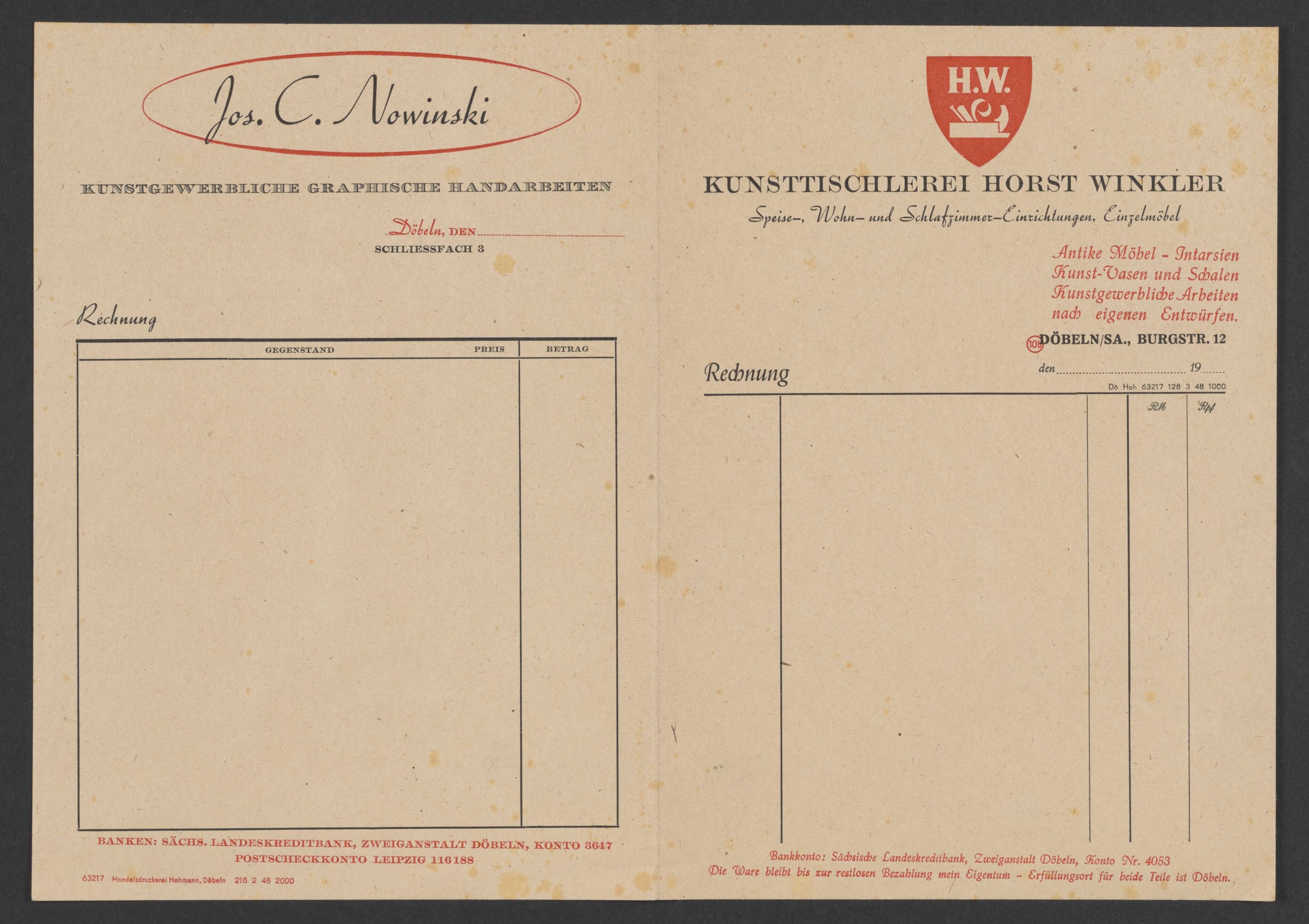 Rechnungsbogen der Firmen Nowinski und der Kunsttischlerei Horst Winkler (Stadtmuseum / Kleine Galerie Döbeln CC BY-NC-SA)