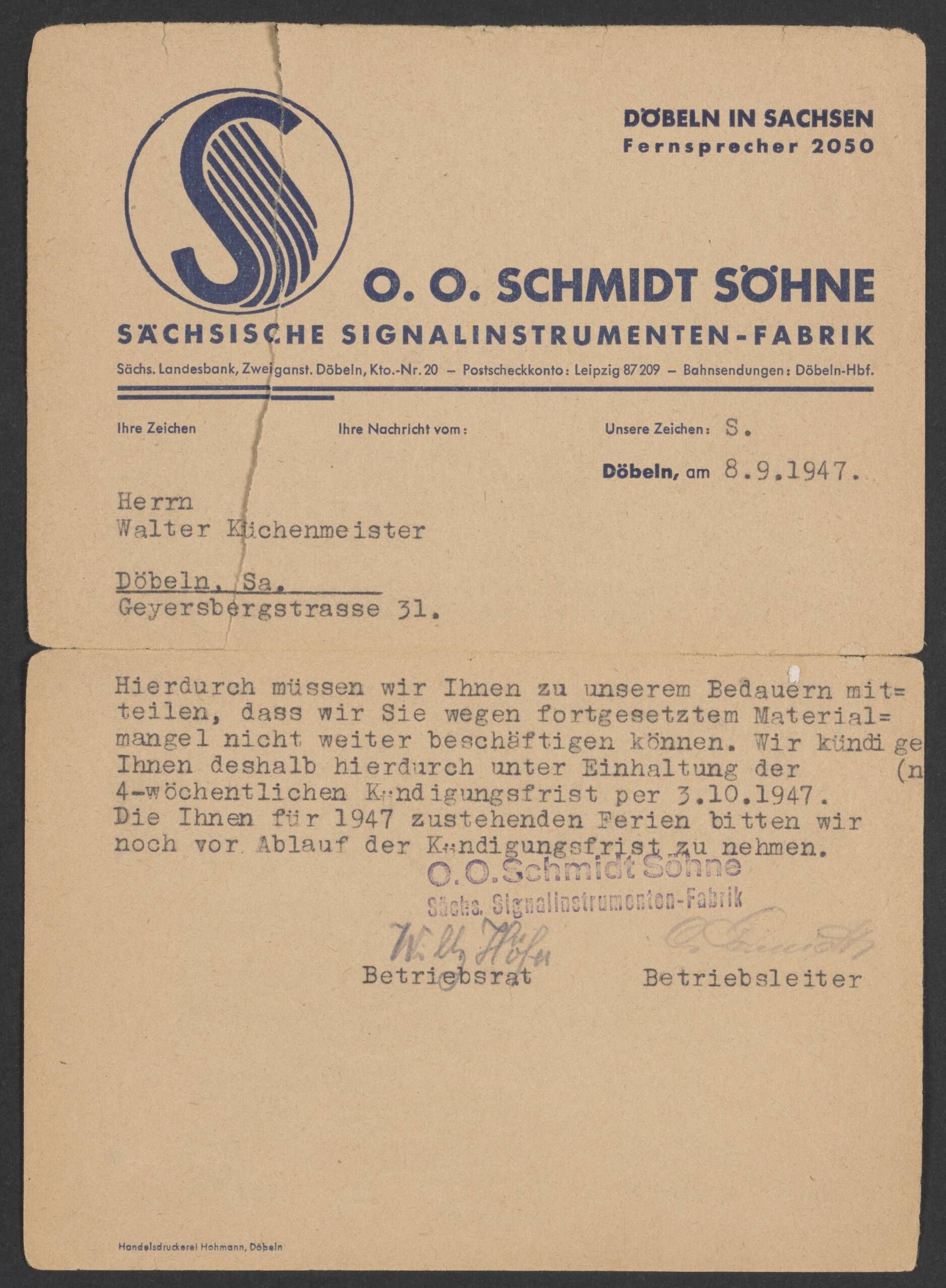 Brief der Firma O.O. Schmidt Söhn (Stadtmuseum / Kleine Galerie Döbeln CC BY-NC-SA)