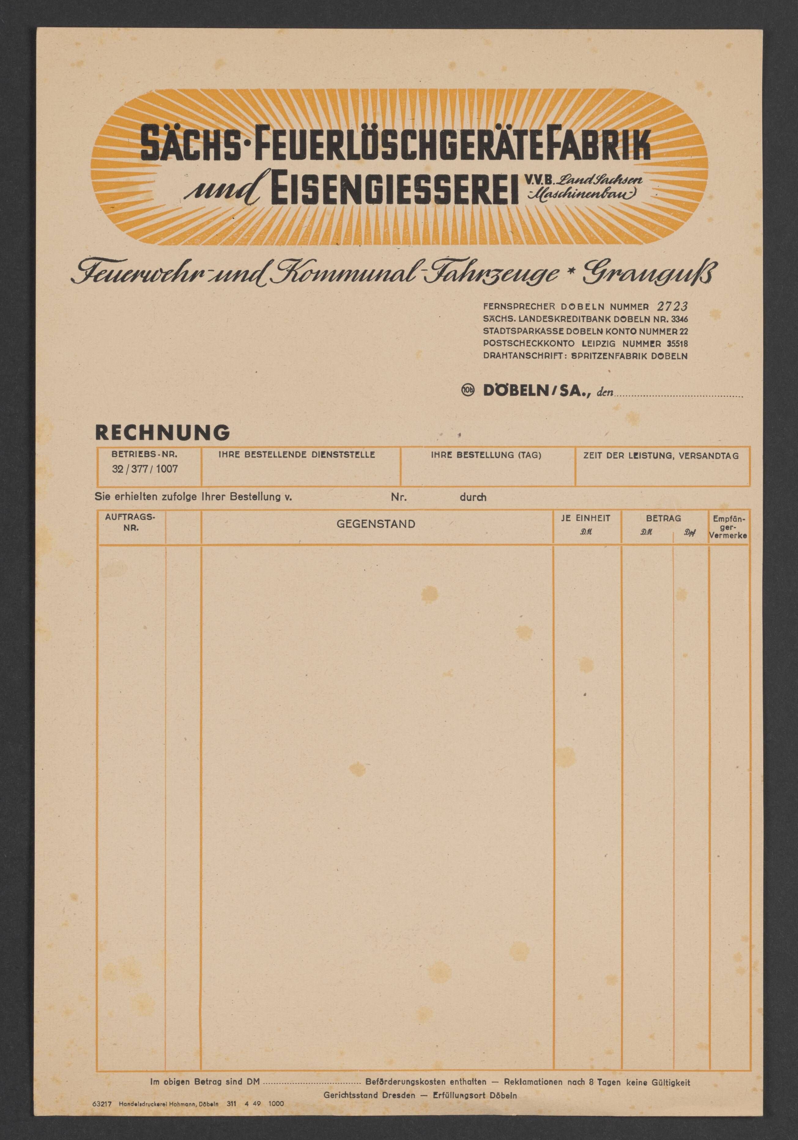Rechnungsbogen der Firma Sächsische Feuerlöschgeräte Fabrik und Eisengiesserei V.V.B Land Sachsen (Stadtmuseum / Kleine Galerie Döbeln CC BY-NC-SA)