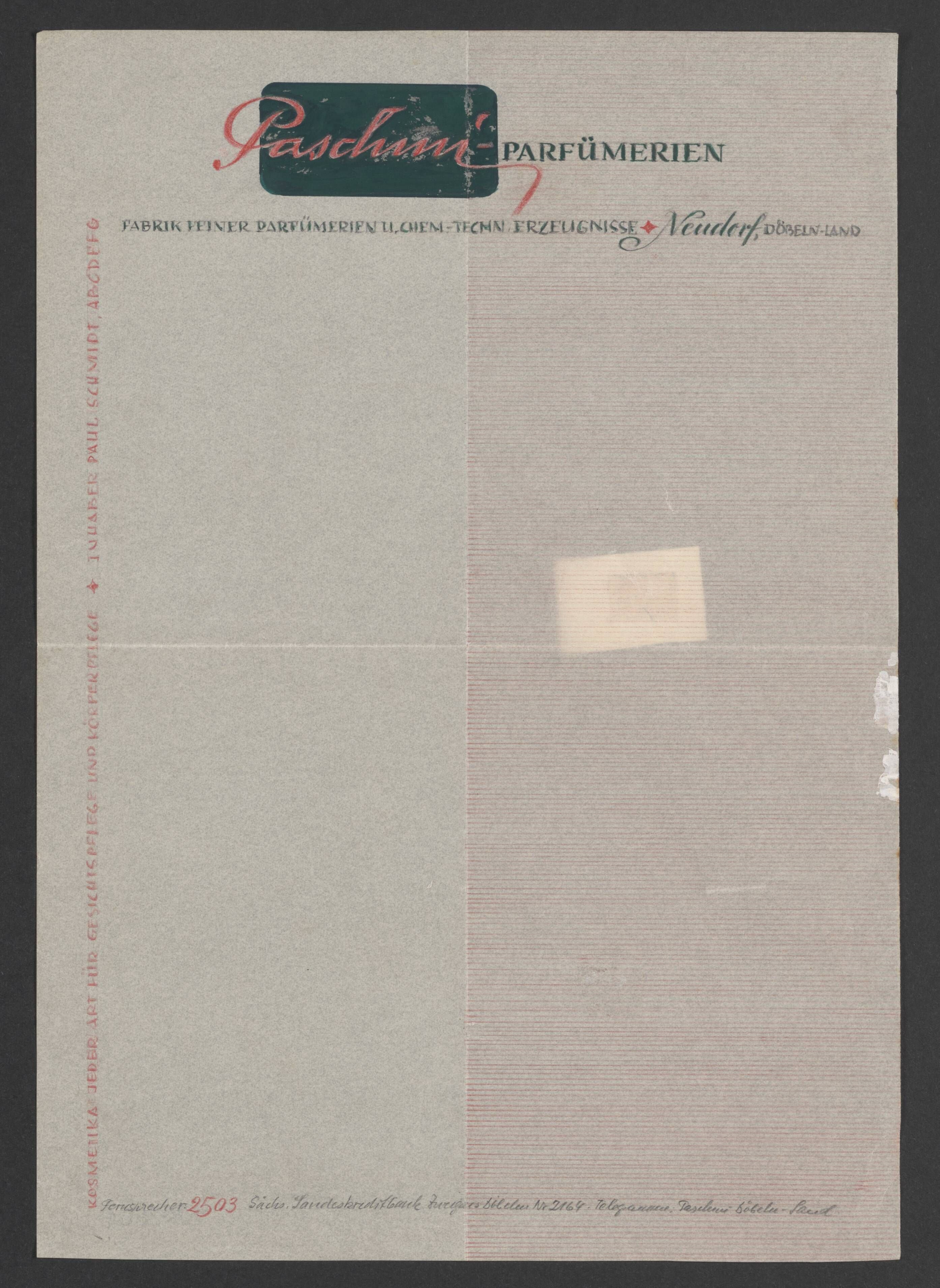Briefbogenentwurf der Firma Paschmi (Stadtmuseum / Kleine Galerie Döbeln CC BY-NC-SA)