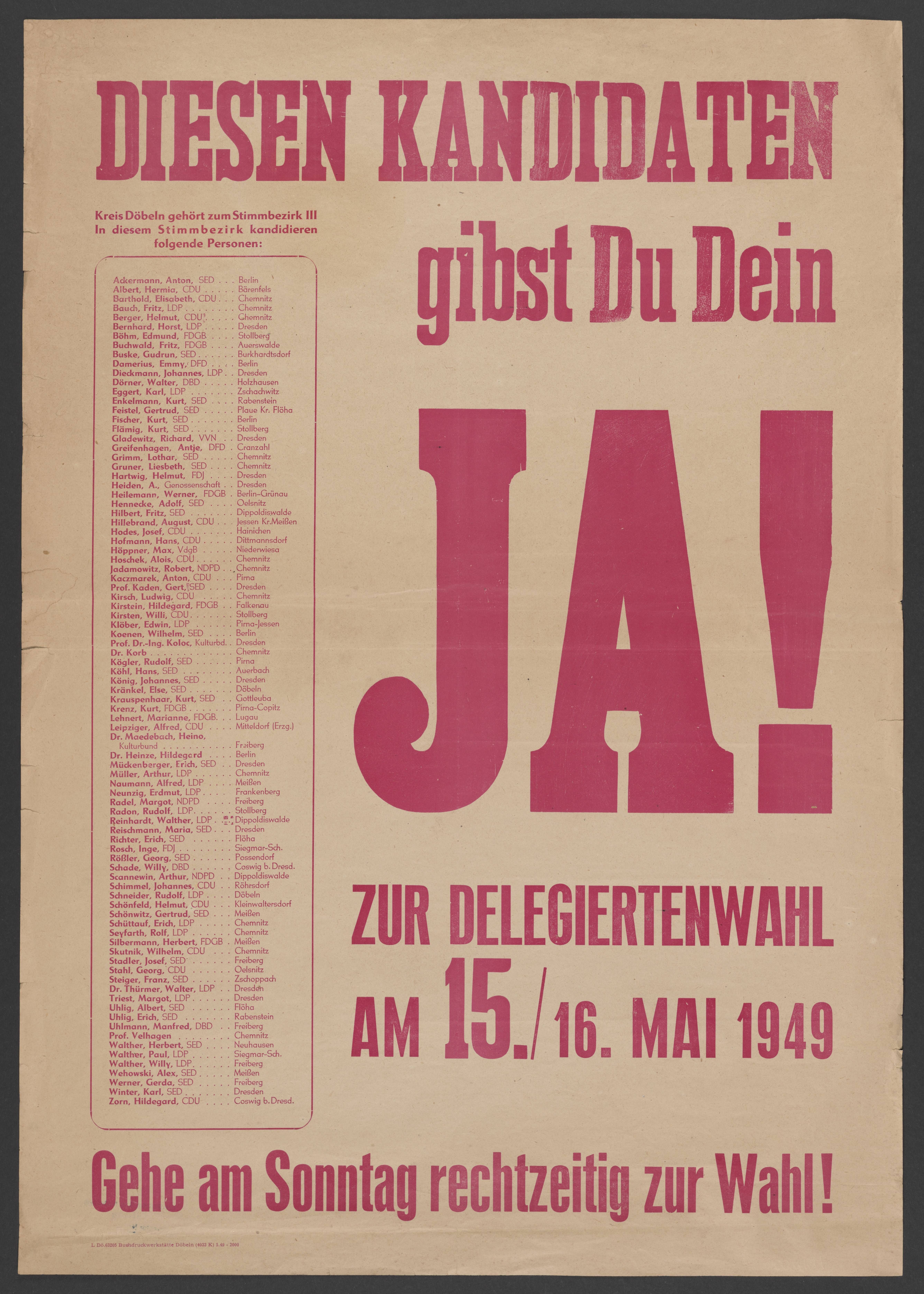 Plakat zur Delegiertenwahl 1949 (Stadtmuseum / Kleine Galerie Döbeln CC BY-NC-SA)