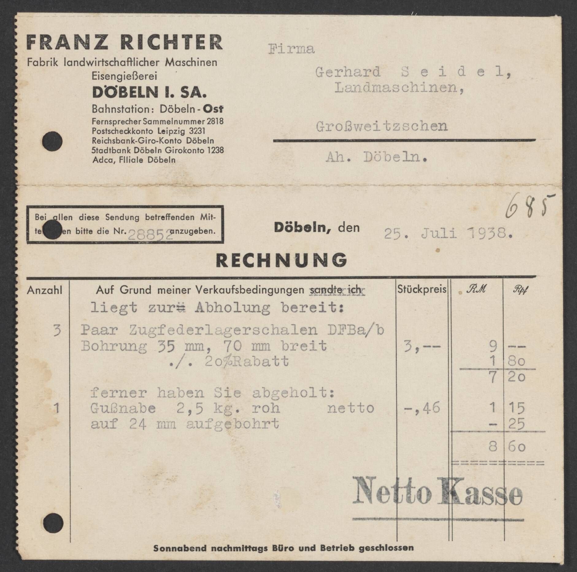 Rechungsbogen von Franz Richter (Stadtmuseum / Kleine Galerie Döbeln CC BY-NC-SA)
