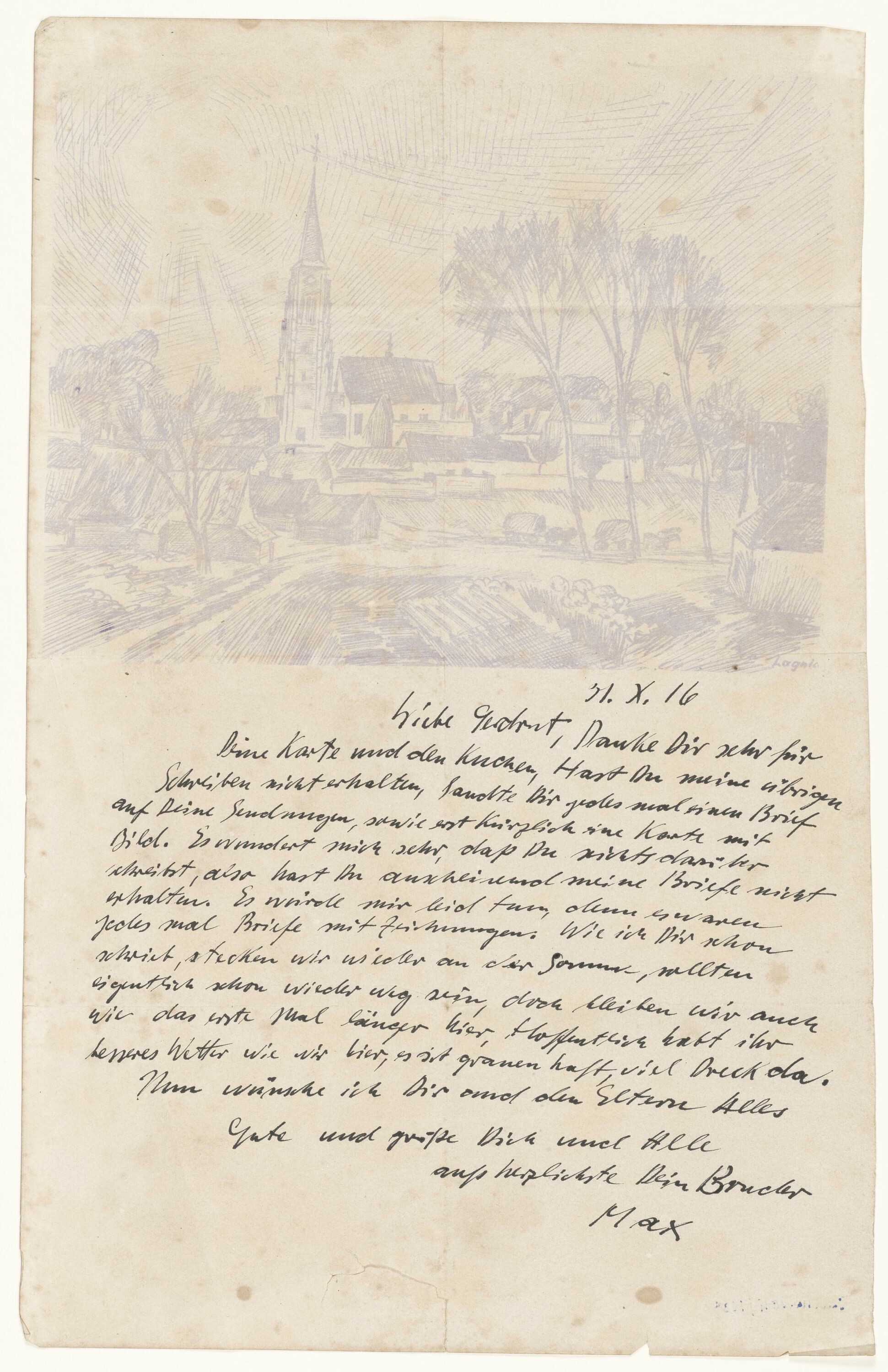 Brief von Max Pechstein in Lagnieu an Gertrud Pechstein in Zwickau, mit Hektografie im Briefkopf: Lagnieu (© Pechstein - Hamburg / Tökendorf, 2021 | VG Bild-Kunst, Bonn 2021 RR-F)