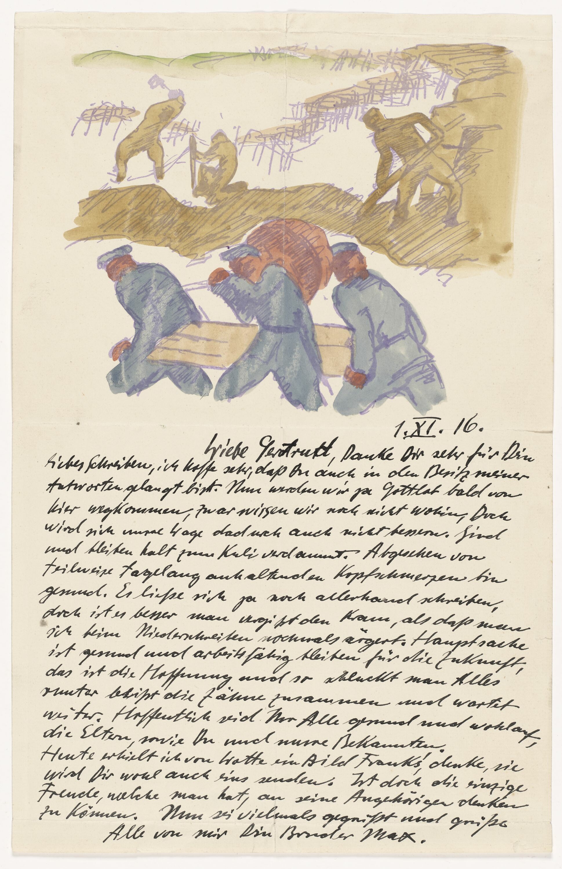 Brief von Max Pechstein an Gertrud Pechstein in Zwickau, mit Hektografie im Briefkopf: Beim Schanzen (© Pechstein - Hamburg / Tökendorf, 2021 | VG Bild-Kunst, Bonn 2021 RR-F)