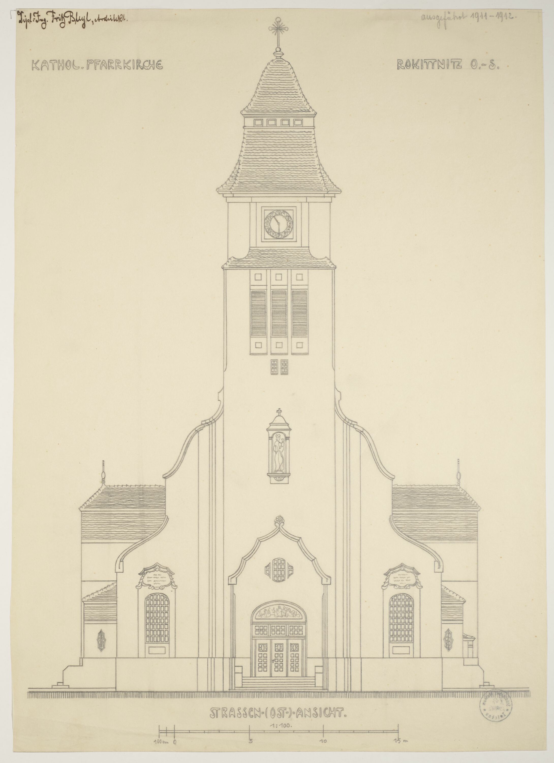 Katholische Pfarrkirche in Rokittnitz, Oberschlesien, Strassen- (Ost)-Ansicht, Entwurf ausgeführt 1911-1912 (© Bleyl, Berlin/Solingen RR-F)