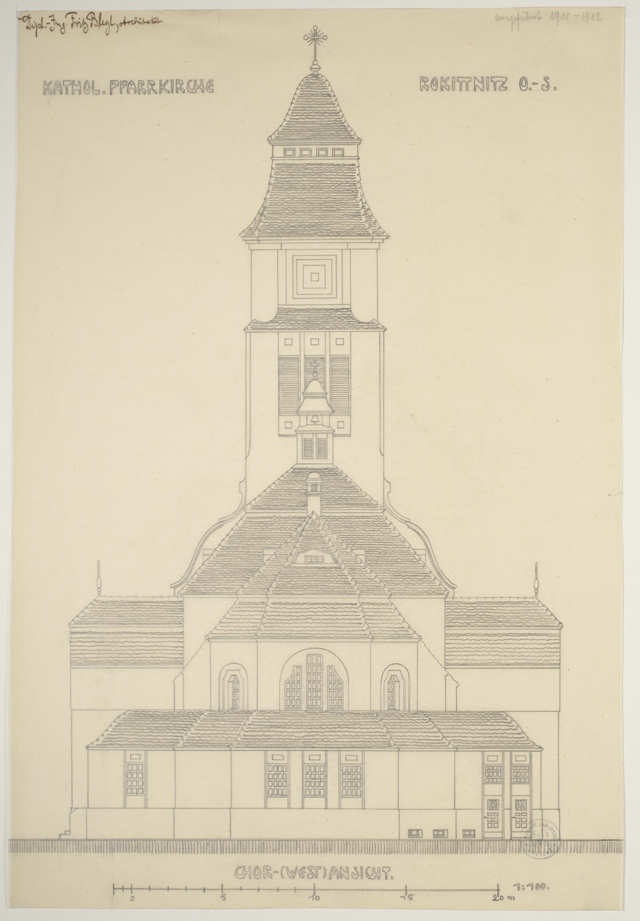 Katholische Pfarrkirche in Rokittnitz, Oberschlesien, Chor- (West) Ansicht, Entwurf ausgeführt 1911-1912 (© Bleyl, Berlin/Solingen RR-F)