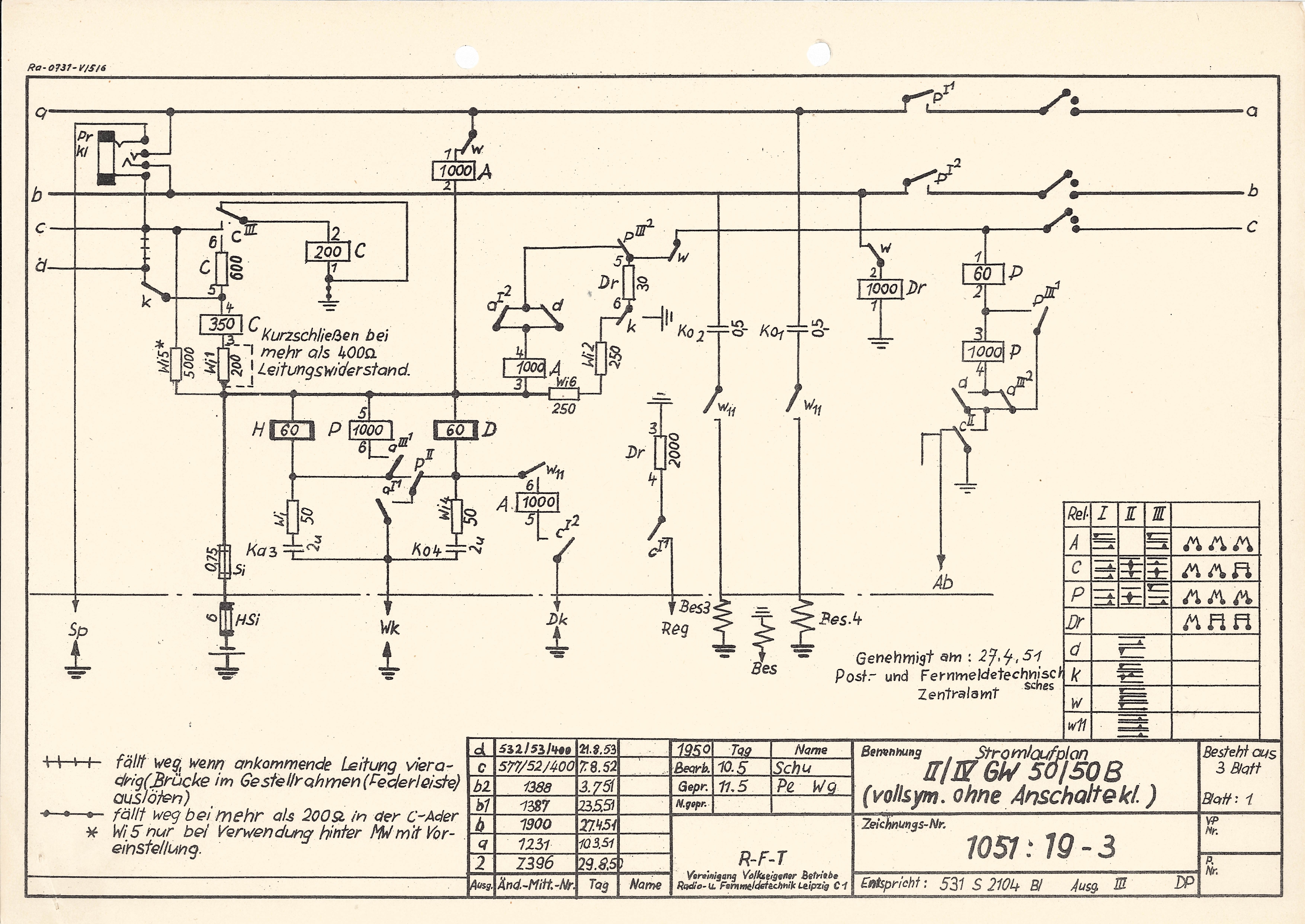 Zeichnung: Stromlaufplan II./IV. GW 50 (Interessengemeinschaft Historische Fernmeldetechnik e.V. CC BY-NC-SA)
